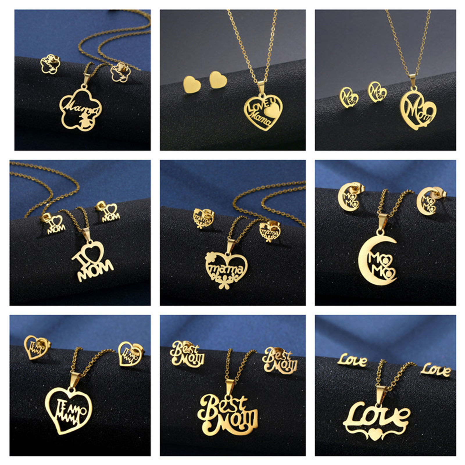 Imagen de 201 Acero Inoxidable Día De La Madre Joyería Collar Pendiente Juego Chapado en Oro 45cm longitud, 1 Juego