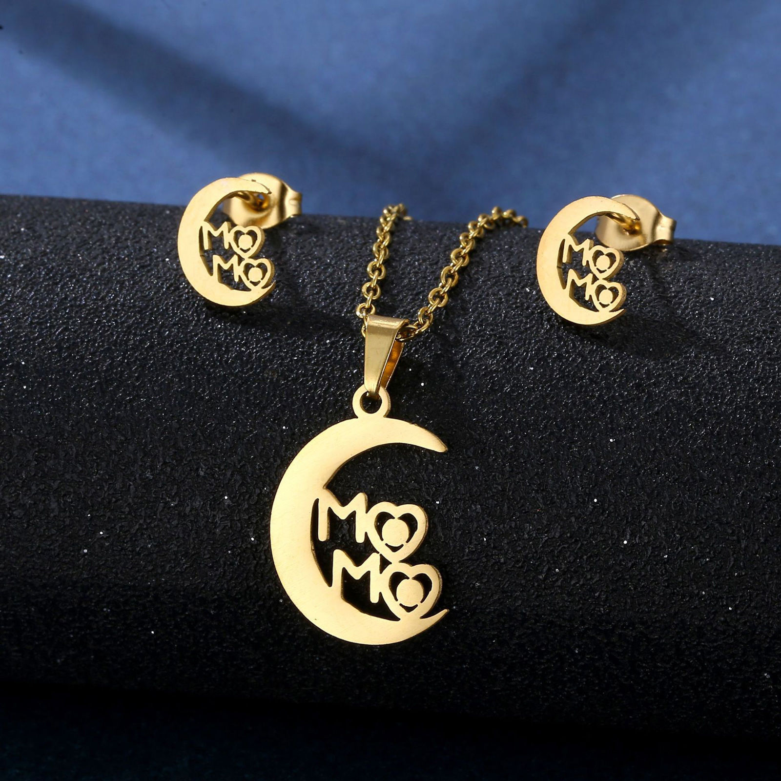 Imagen de 201 Acero Inoxidable Día De La Madre Joyería Collar Pendiente Juego Chapado en Oro 45cm longitud, 1 Juego