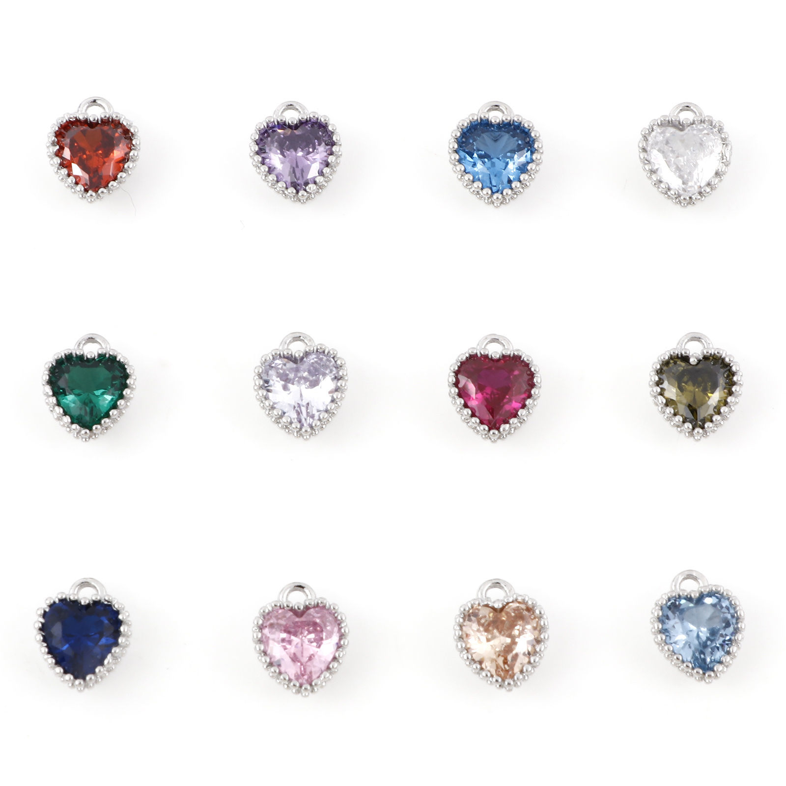 Picture of Brass Birthstone Charms Real Platinum Plated Heart Multicolour Cubic Zirconia 8mm x 6.5mm