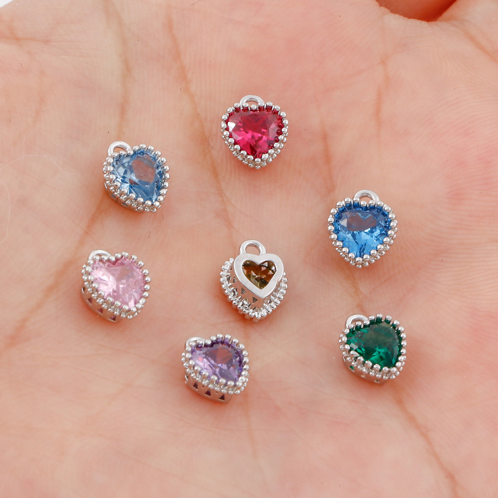 Picture of Brass Birthstone Charms Real Platinum Plated Heart Multicolour Cubic Zirconia 8mm x 6.5mm