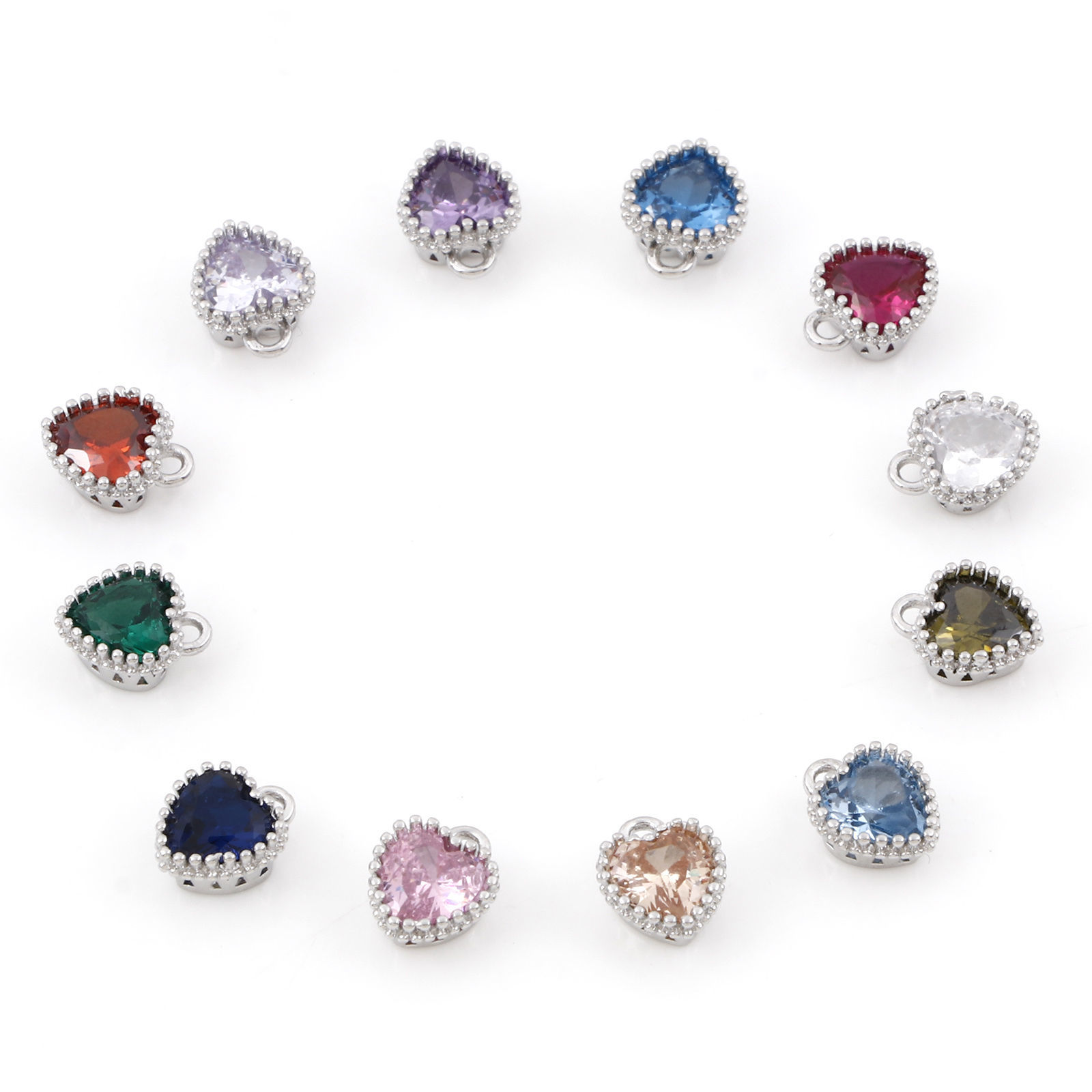 Picture of Brass Birthstone Charms Real Platinum Plated Heart Multicolour Cubic Zirconia 8mm x 6.5mm