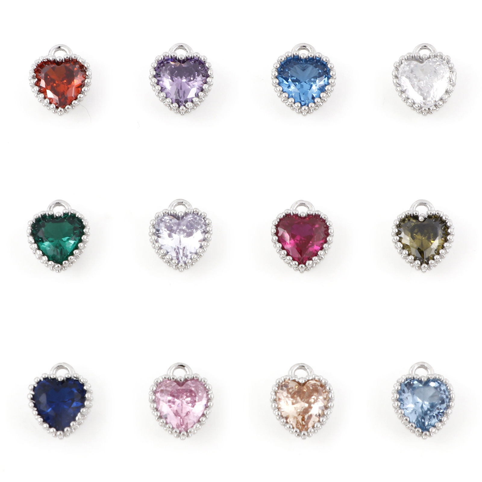 Picture of Brass Birthstone Charms Real Platinum Plated Heart Multicolour Cubic Zirconia 8mm x 6.5mm