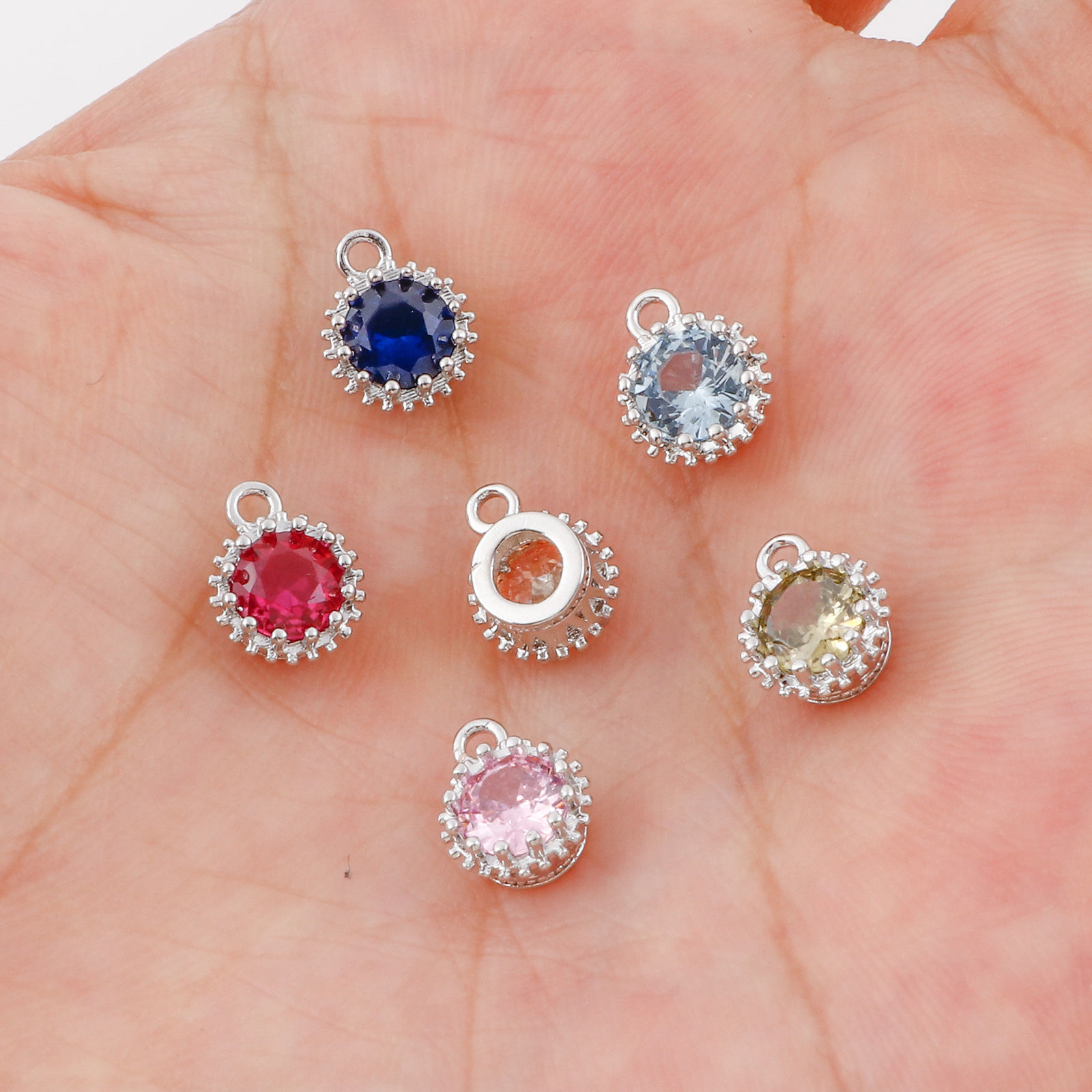 Imagen de Latón piedra del zodíaco Colgantes Charms Ronda Platino Real Chapado Multicolor Circón Artificial 9mm x 7mm, 2 Unidades
