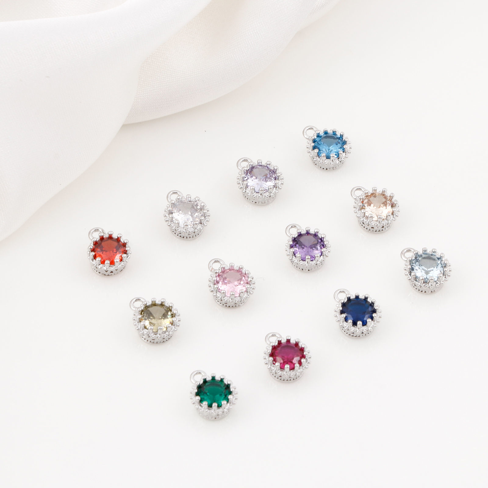 Imagen de Latón piedra del zodíaco Colgantes Charms Ronda Platino Real Chapado Multicolor Circón Artificial 9mm x 7mm, 2 Unidades