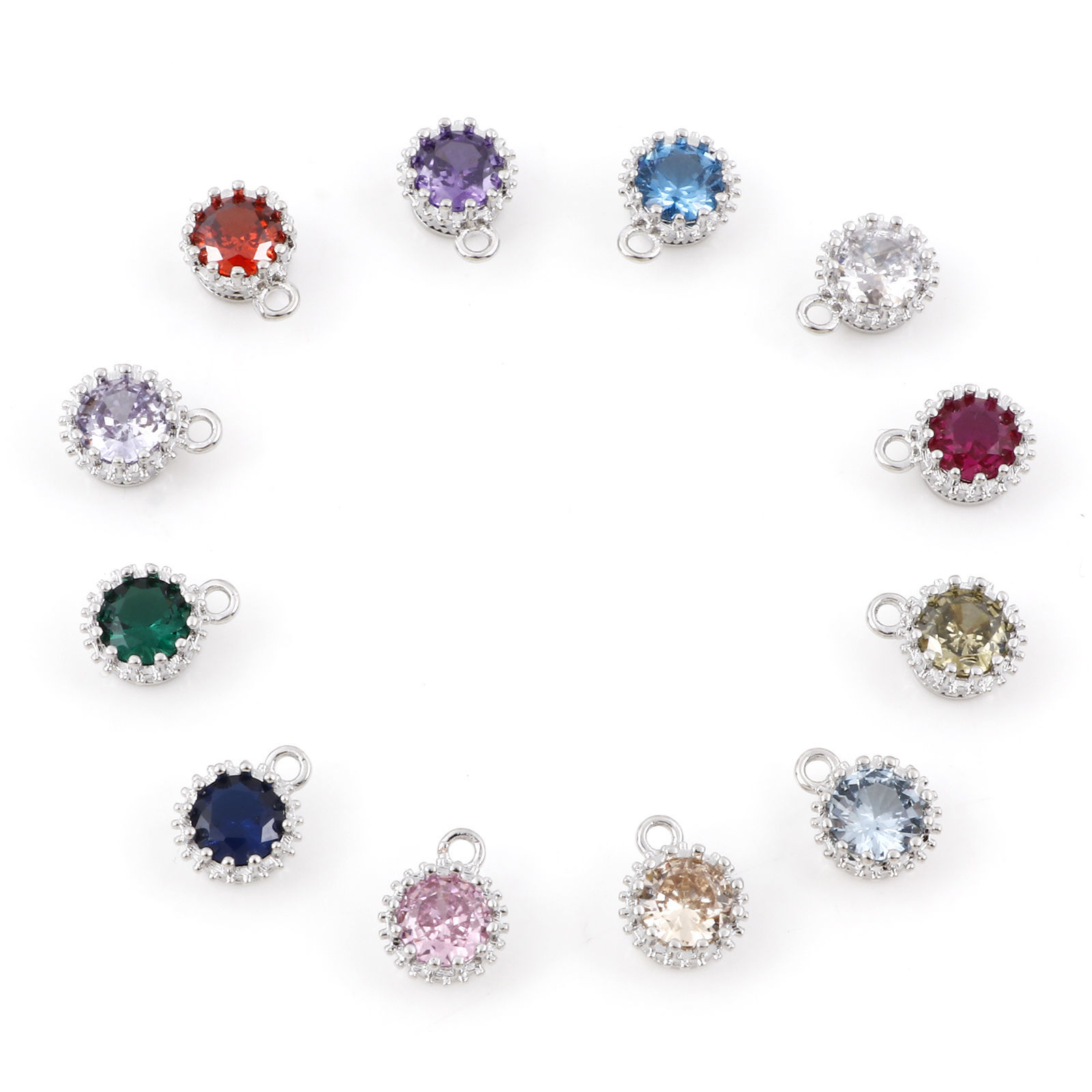 Imagen de Latón piedra del zodíaco Colgantes Charms Ronda Platino Real Chapado Multicolor Circón Artificial 9mm x 7mm, 2 Unidades