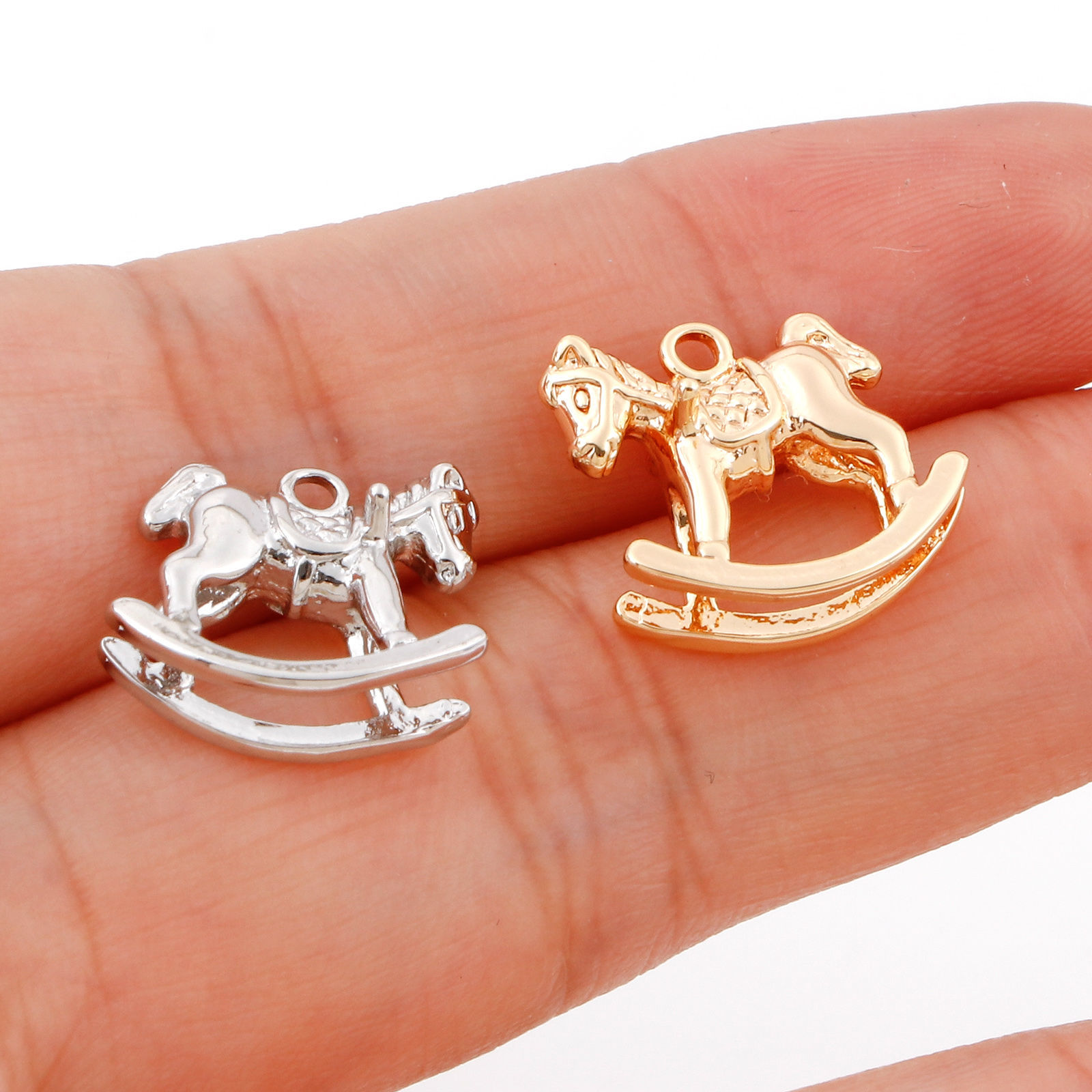 Bild von Messing Märchen Kollektion Charms Echtgold plattiert Holzpferd 3D 14mm x 13mm, 2 Stück