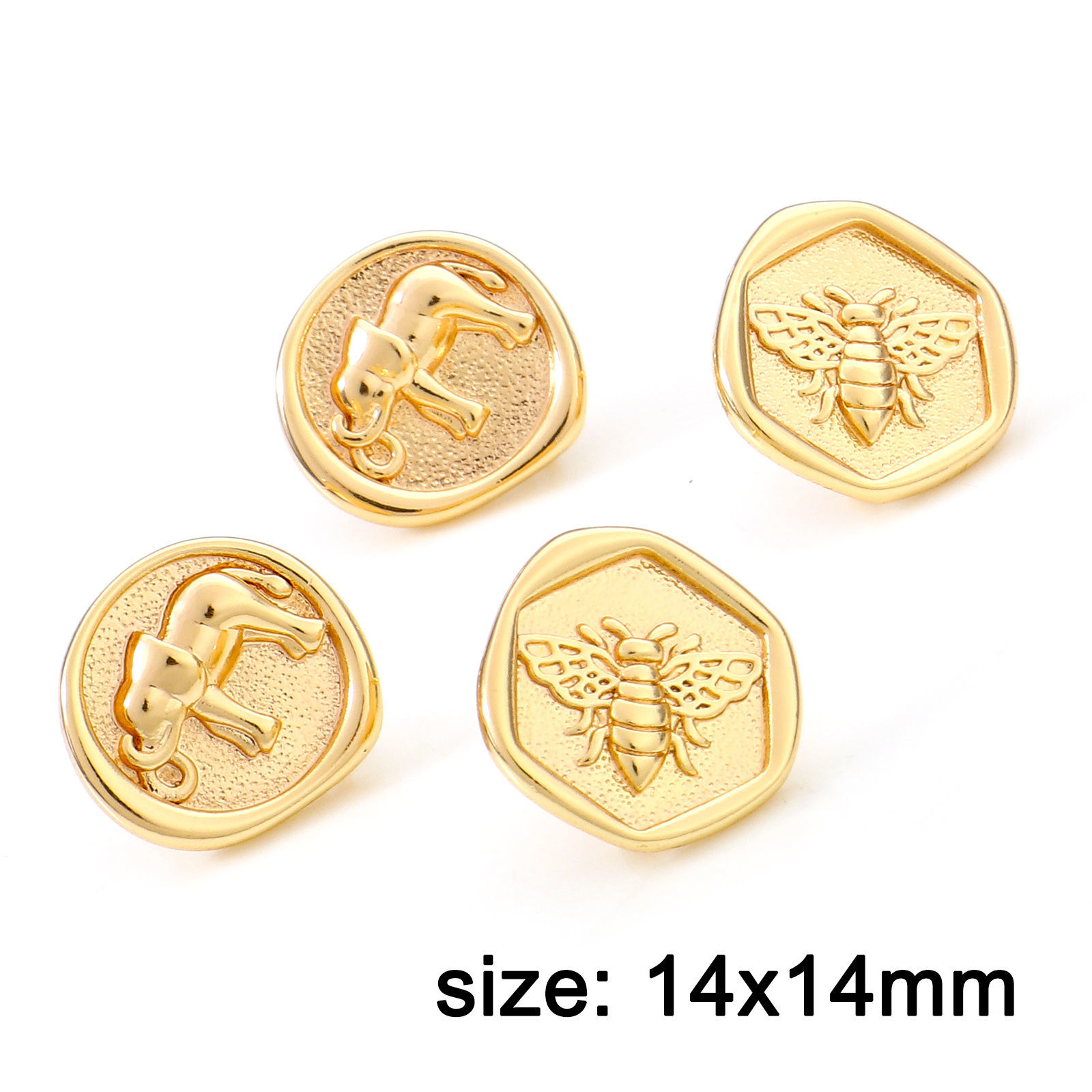 Bild von Messing Ohrring Ohrstecker 18K Echtgold plattiert Elefant Insekt Message " Mit Öse " 14mm x 14mm, Drahtstärke: (20 gauge), 2 Stück