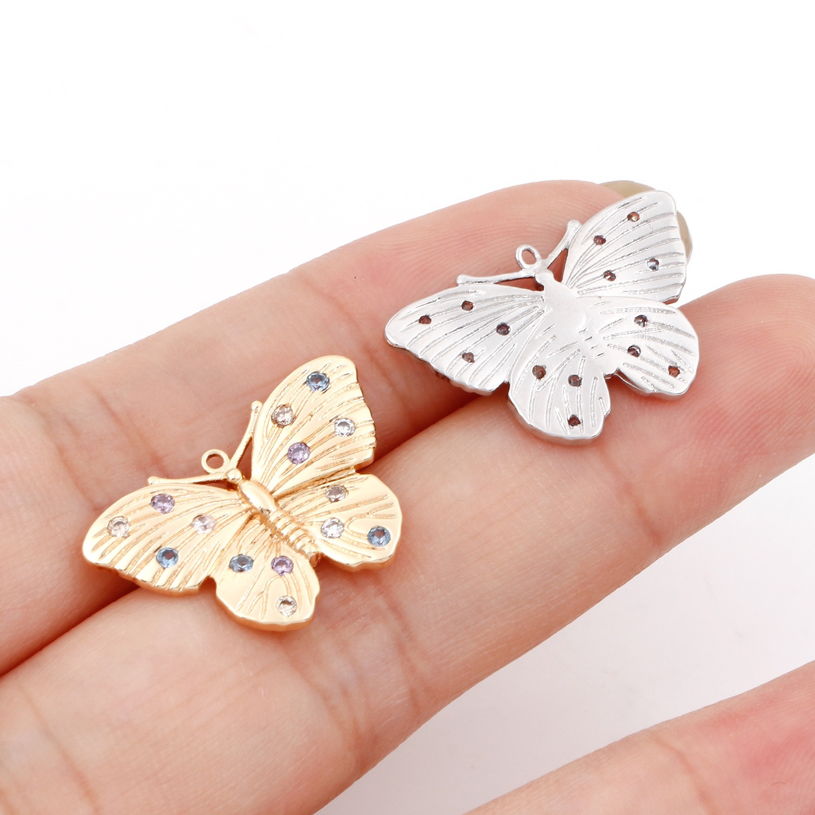 Picture of Brass Insect Charms Real Gold Plated Butterfly Animal Micro Pave Multicolor Rhinestone 22mm x 14.5mm