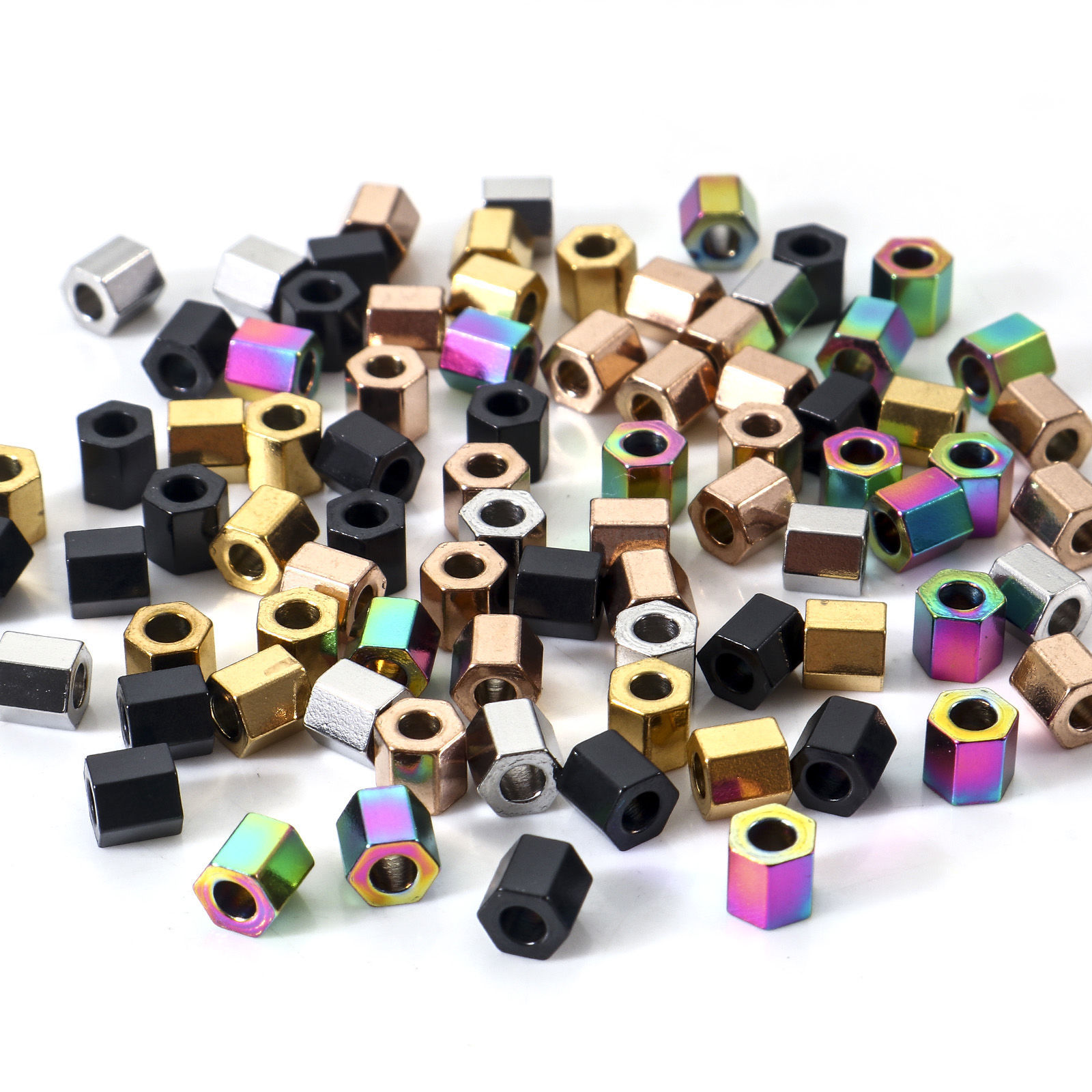 Bild von Umweltfreundliche Vakuumbeschichtung 304 Edelstahl Perlen für die DIY-Schmuckherstellung Sechseckiges Prisma Bunt 2mm x 2mm, Loch: ca. 1.2mm, 10 Stück