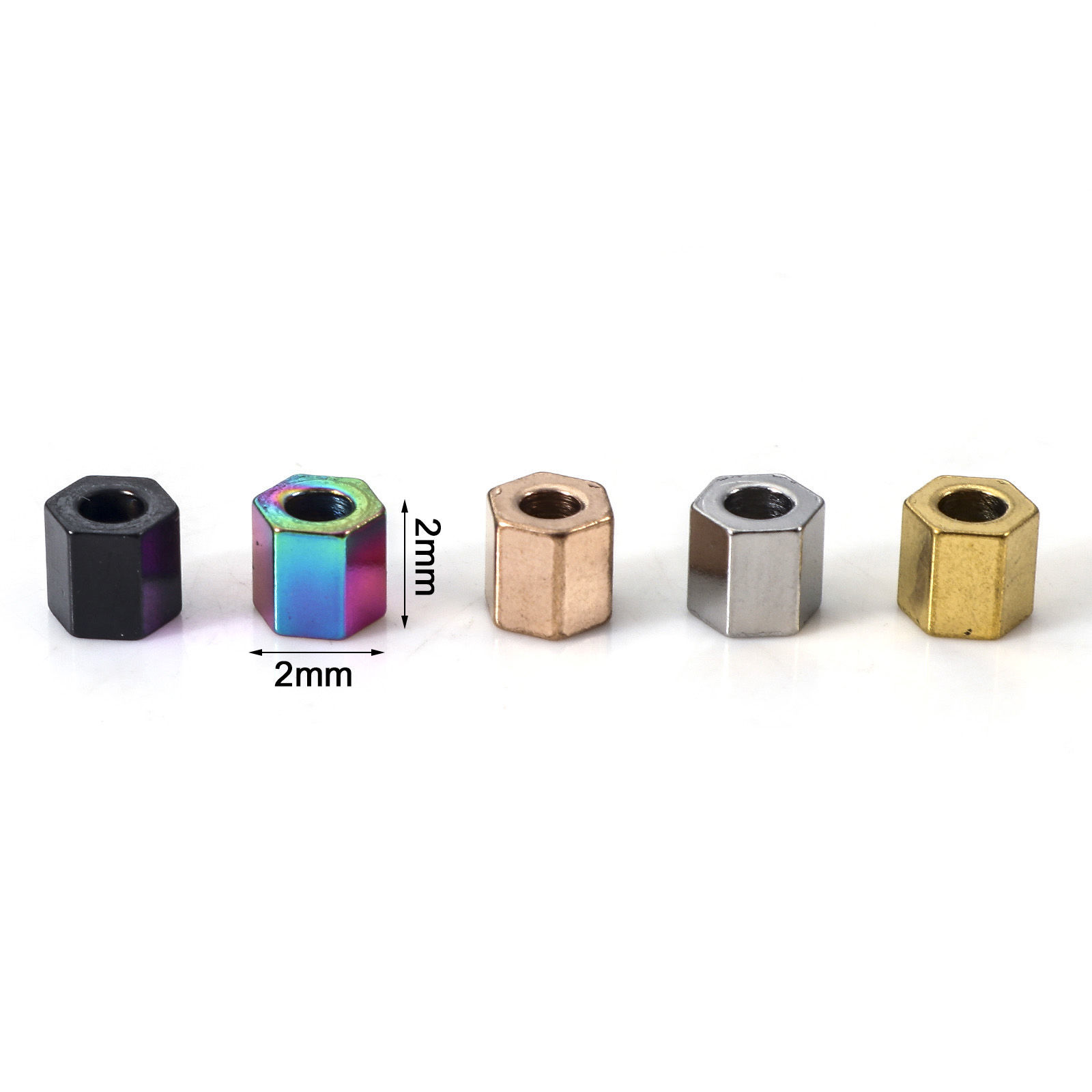 Bild von Umweltfreundliche Vakuumbeschichtung 304 Edelstahl Perlen für die DIY-Schmuckherstellung Sechseckiges Prisma Bunt 2mm x 2mm, Loch: ca. 1.2mm, 10 Stück