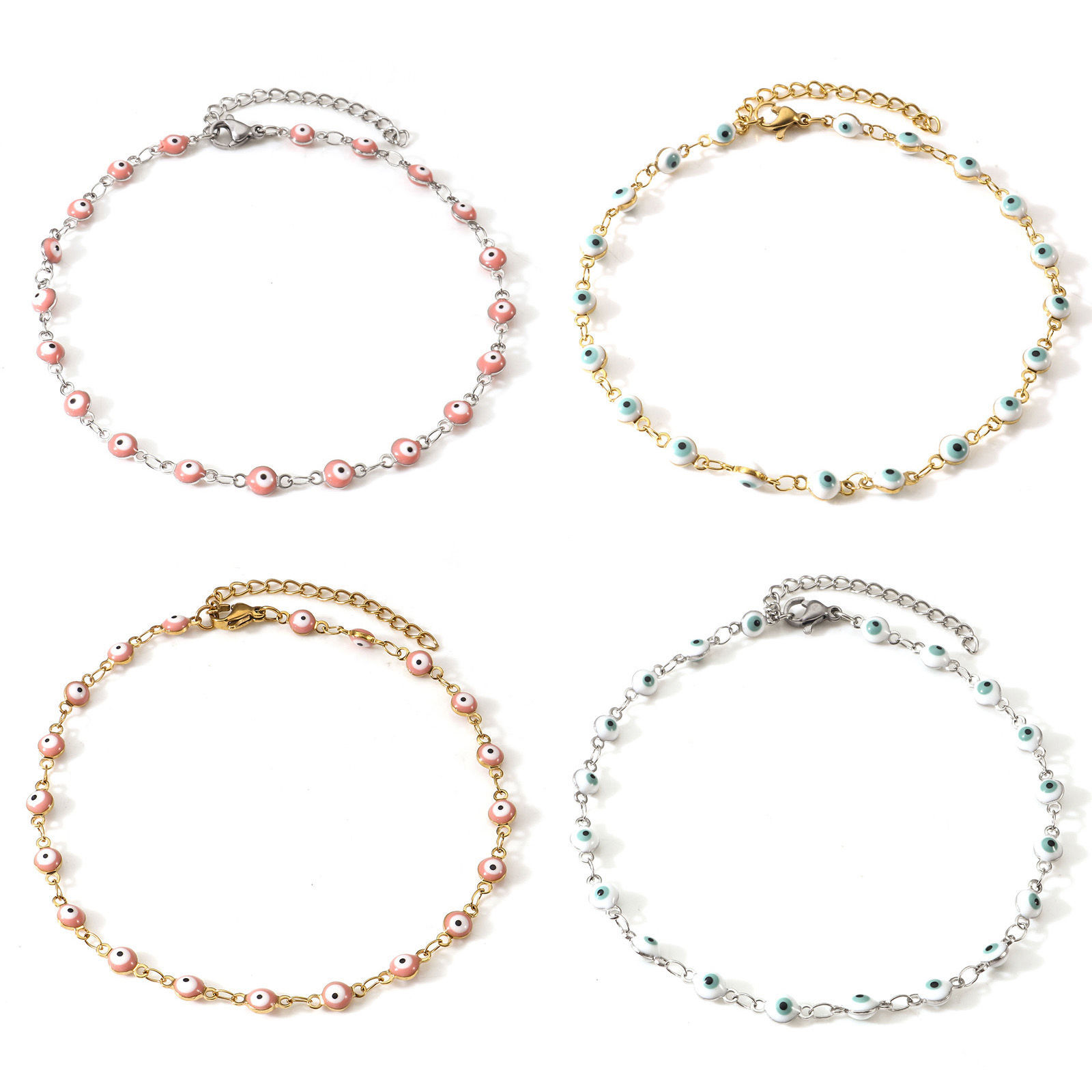 Picture of 1 Piece Vacuum Plating 304 Stainless Steel Religious Link Chain Anklet Enamel Evil Eye