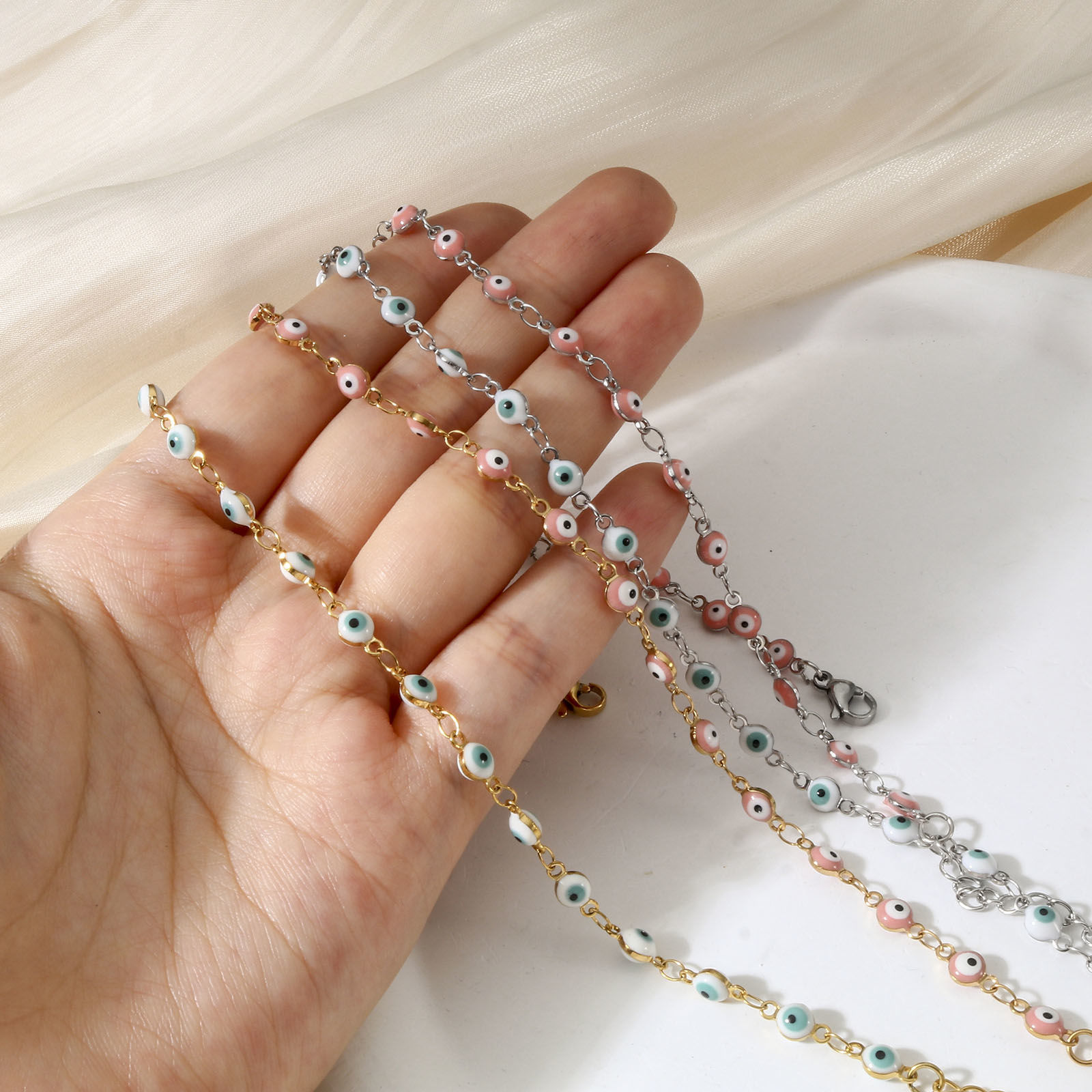 Picture of 1 Piece Vacuum Plating 304 Stainless Steel Religious Link Chain Anklet Enamel Evil Eye