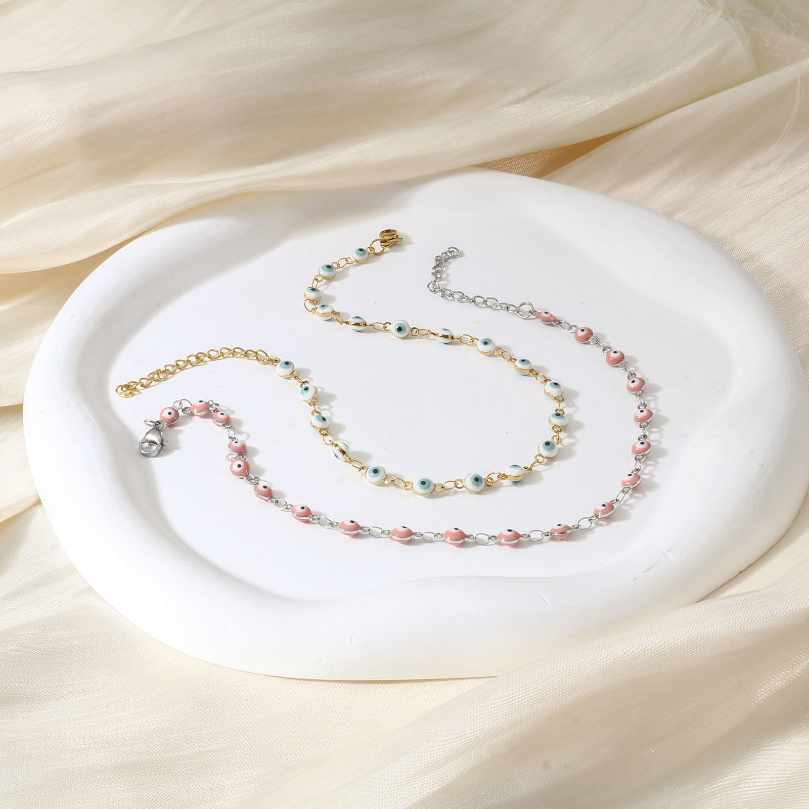Picture of 1 Piece Vacuum Plating 304 Stainless Steel Religious Link Chain Anklet Enamel Evil Eye