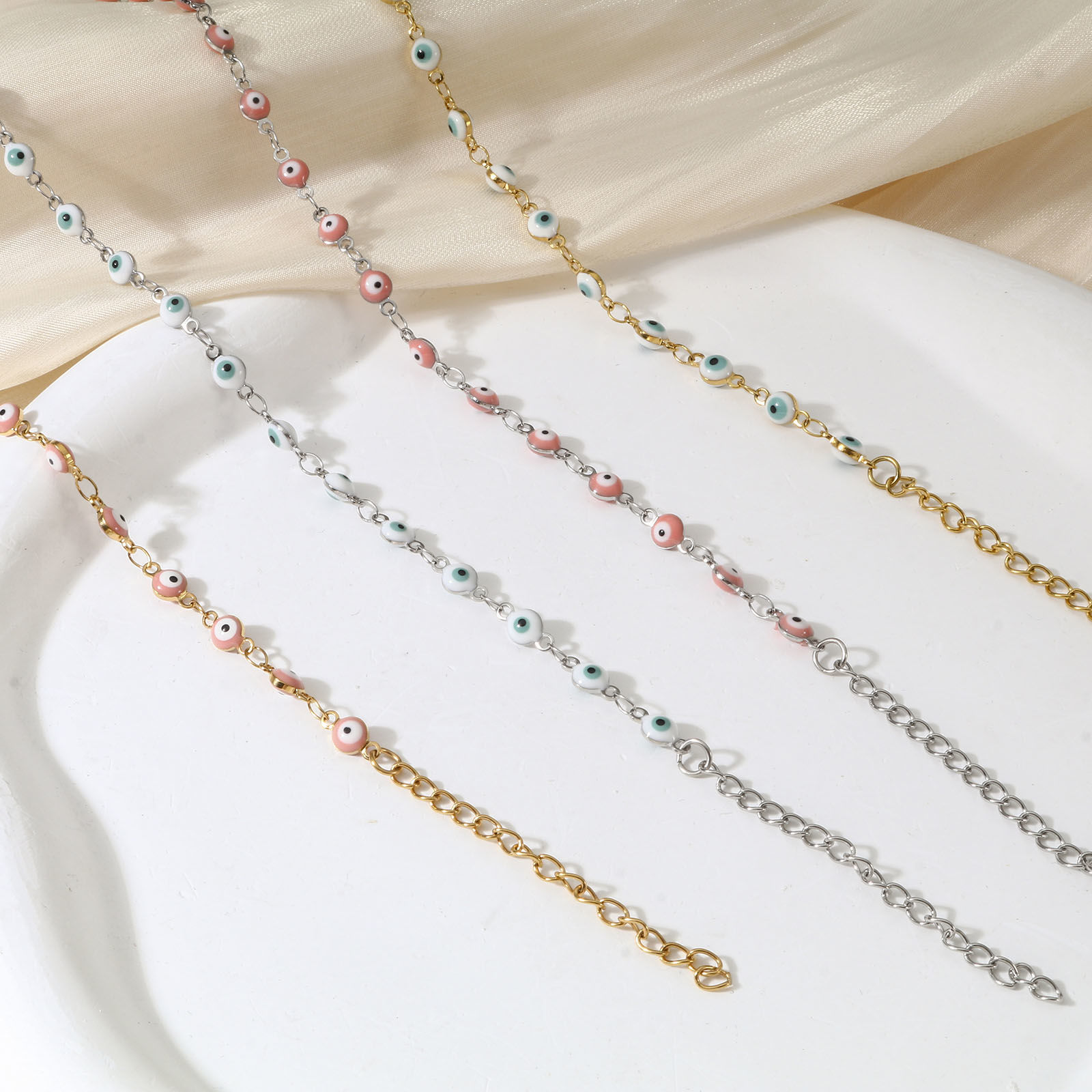 Picture of 1 Piece Vacuum Plating 304 Stainless Steel Religious Link Chain Anklet Enamel Evil Eye