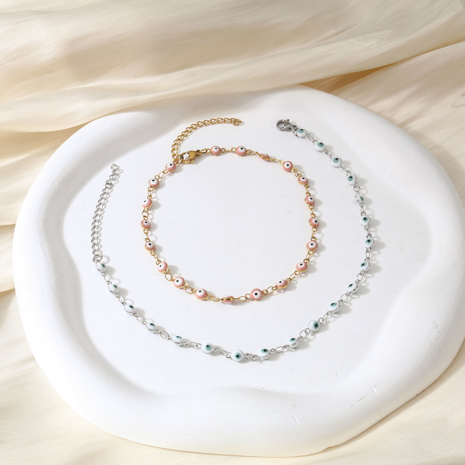 Picture of 1 Piece Vacuum Plating 304 Stainless Steel Religious Link Chain Anklet Enamel Evil Eye