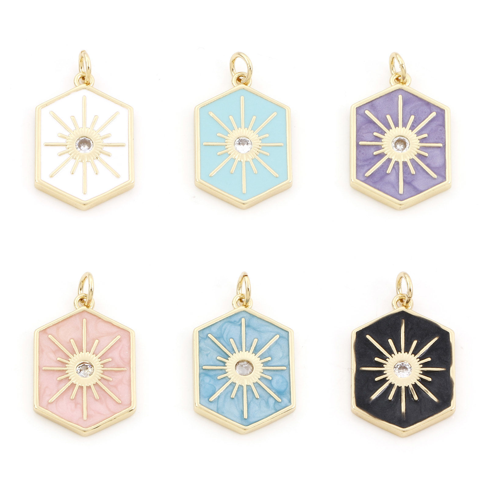 Picture of Brass Galaxy Charms Gold Plated Multicolor Hexagon Star Enamel Clear Cubic Zirconia 26mm x 15mm