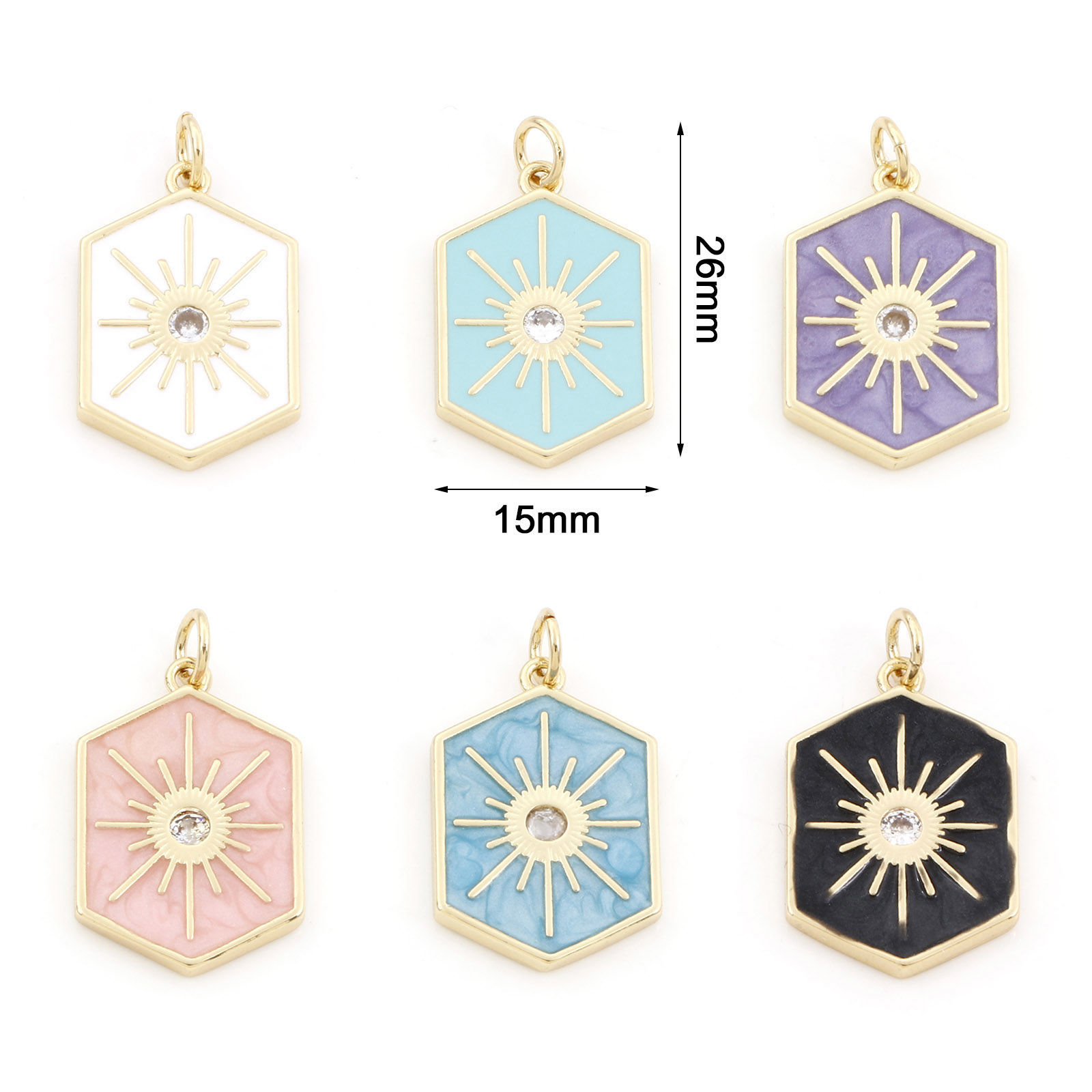 Picture of Brass Galaxy Charms Gold Plated Multicolor Hexagon Star Enamel Clear Cubic Zirconia 26mm x 15mm