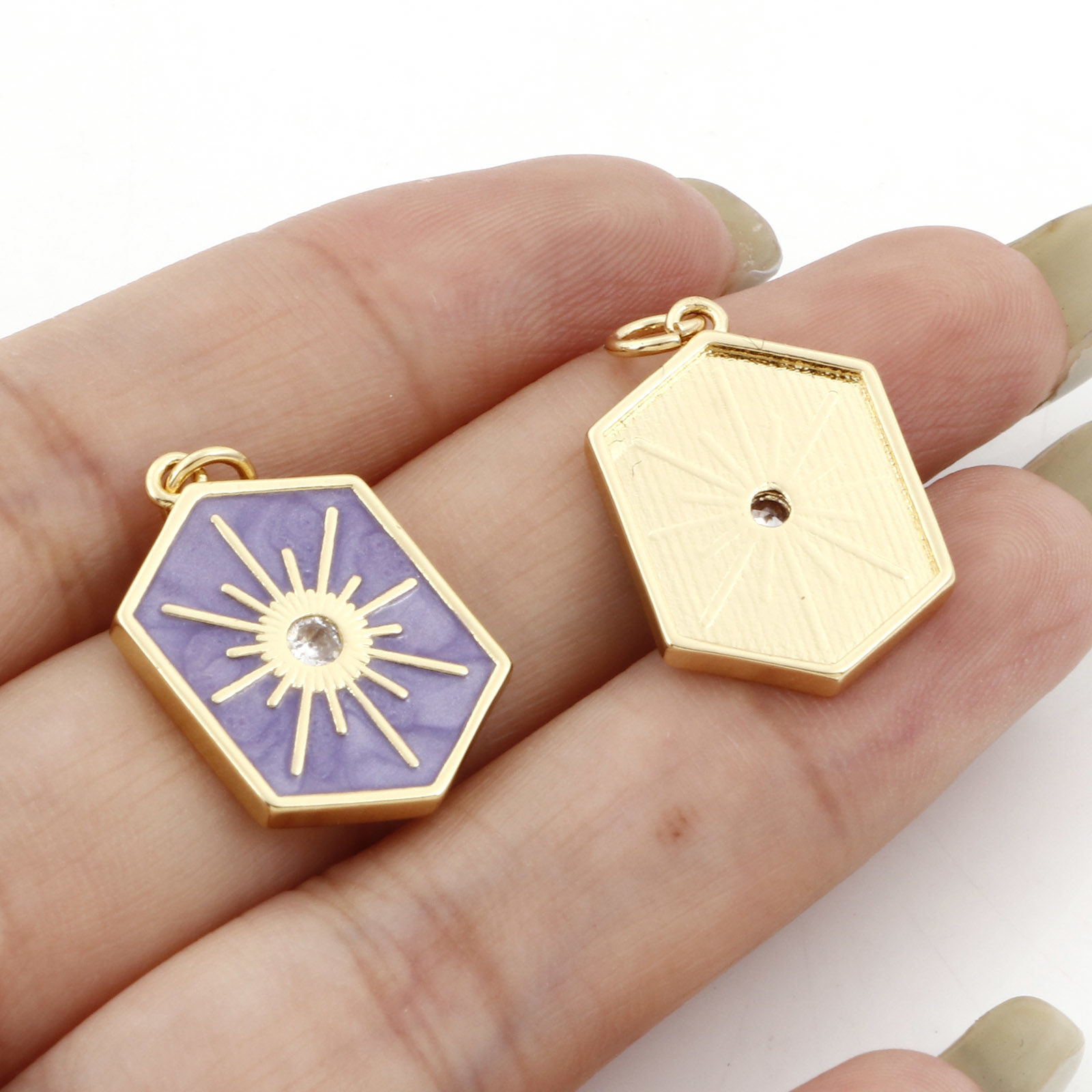 Picture of Brass Galaxy Charms Gold Plated Multicolor Hexagon Star Enamel Clear Cubic Zirconia 26mm x 15mm
