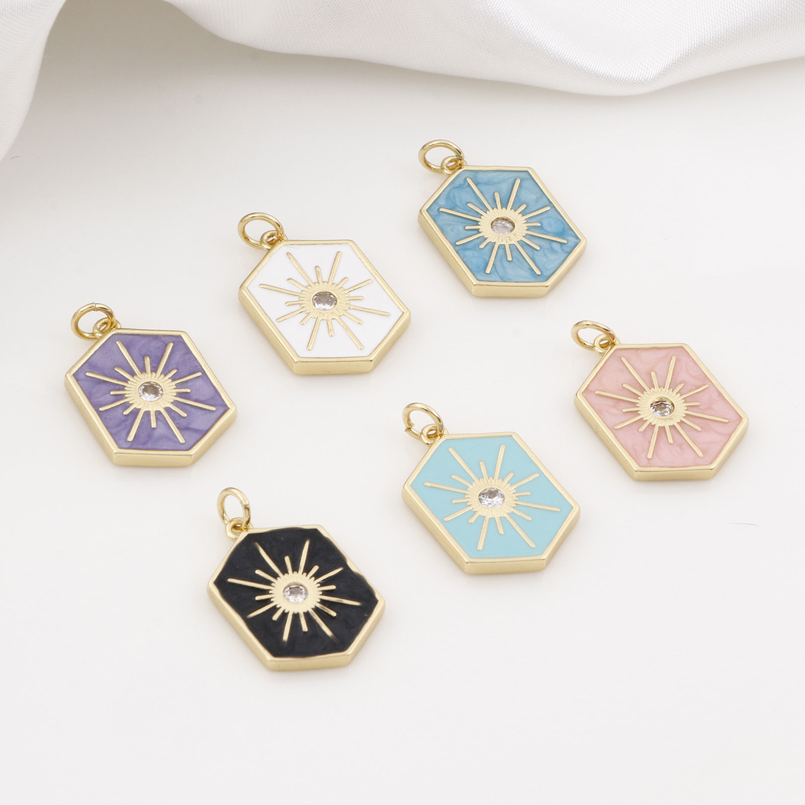 Picture of Brass Galaxy Charms Gold Plated Multicolor Hexagon Star Enamel Clear Cubic Zirconia 26mm x 15mm