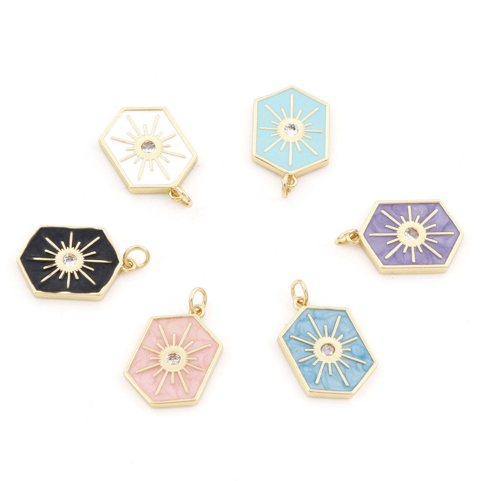 Picture of Brass Galaxy Charms Gold Plated Multicolor Hexagon Star Enamel Clear Cubic Zirconia 26mm x 15mm