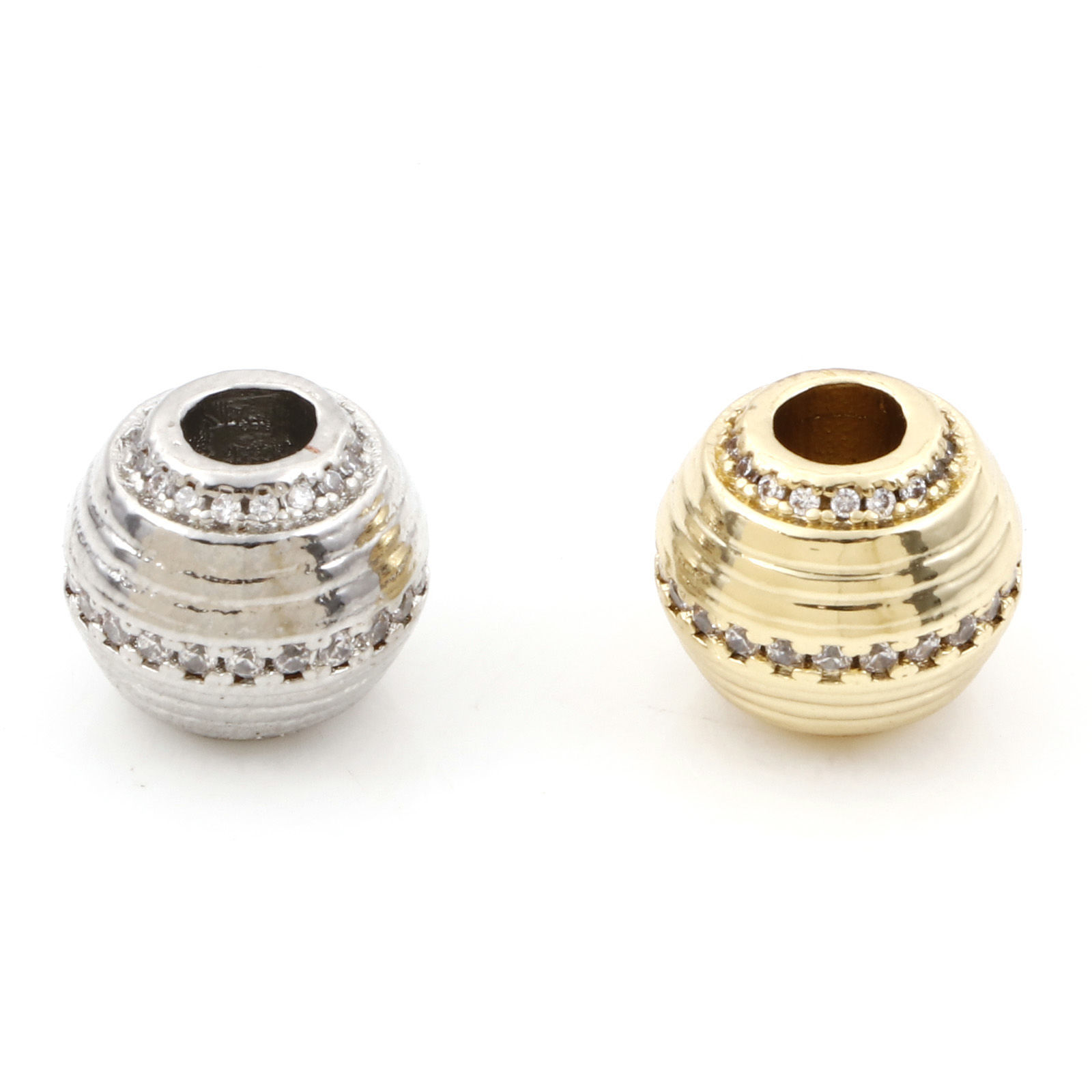 Picture of Brass Beads For DIY Jewelry Making Multicolor Drum Stripe Micro Pave Clear Cubic Zirconia About 11mm x 10mm