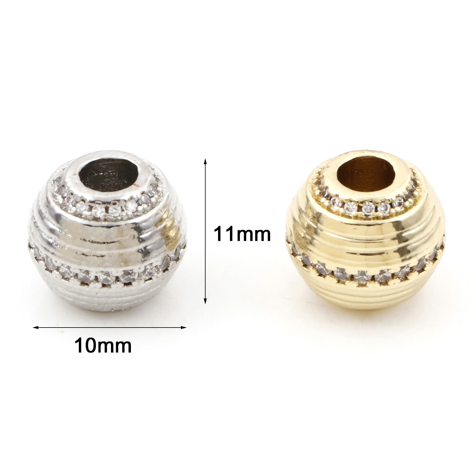 Picture of Brass Beads For DIY Jewelry Making Multicolor Drum Stripe Micro Pave Clear Cubic Zirconia About 11mm x 10mm