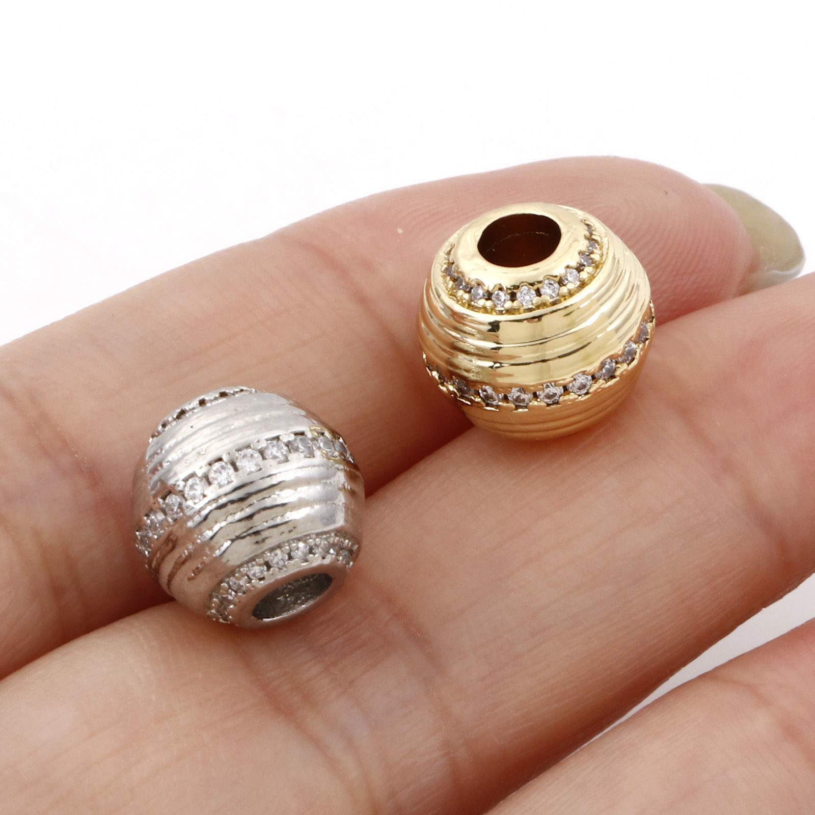 Picture of Brass Beads For DIY Jewelry Making Multicolor Drum Stripe Micro Pave Clear Cubic Zirconia About 11mm x 10mm