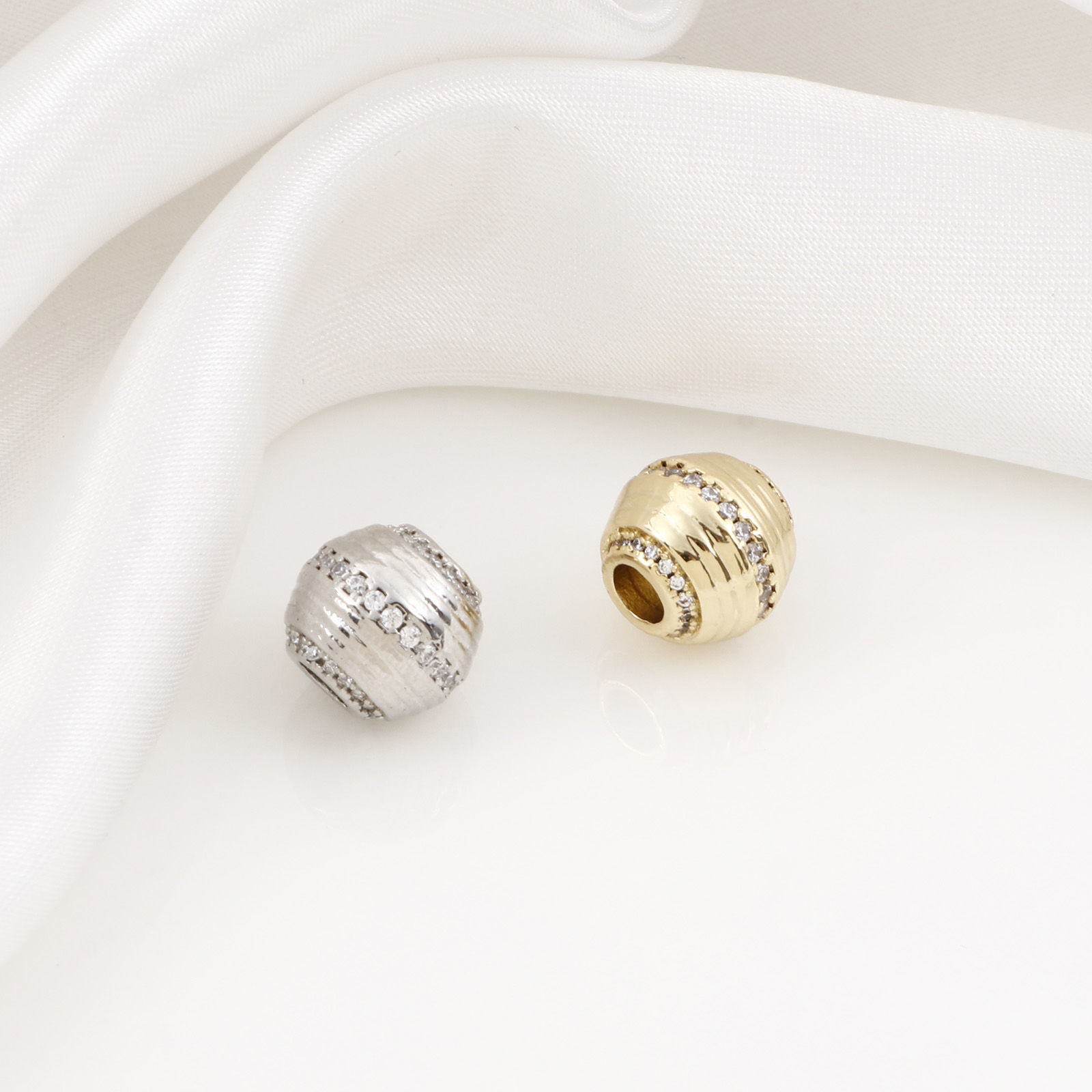 Picture of Brass Beads For DIY Jewelry Making Multicolor Drum Stripe Micro Pave Clear Cubic Zirconia About 11mm x 10mm