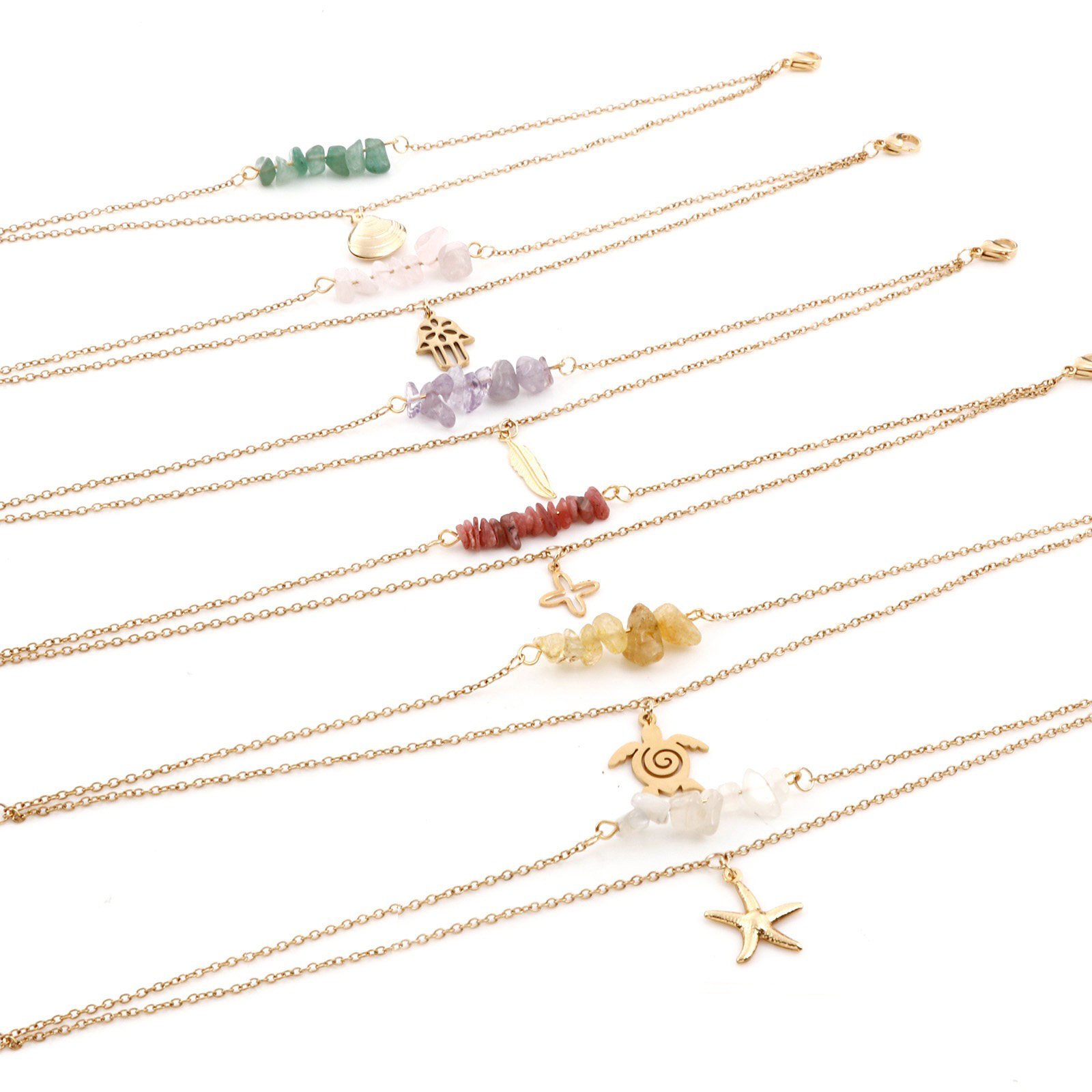 Picture of 304 Stainless Steel Rolo Chain Multilayer Layered Anklet Gold Plated Multicolor Hollow Chip Beads