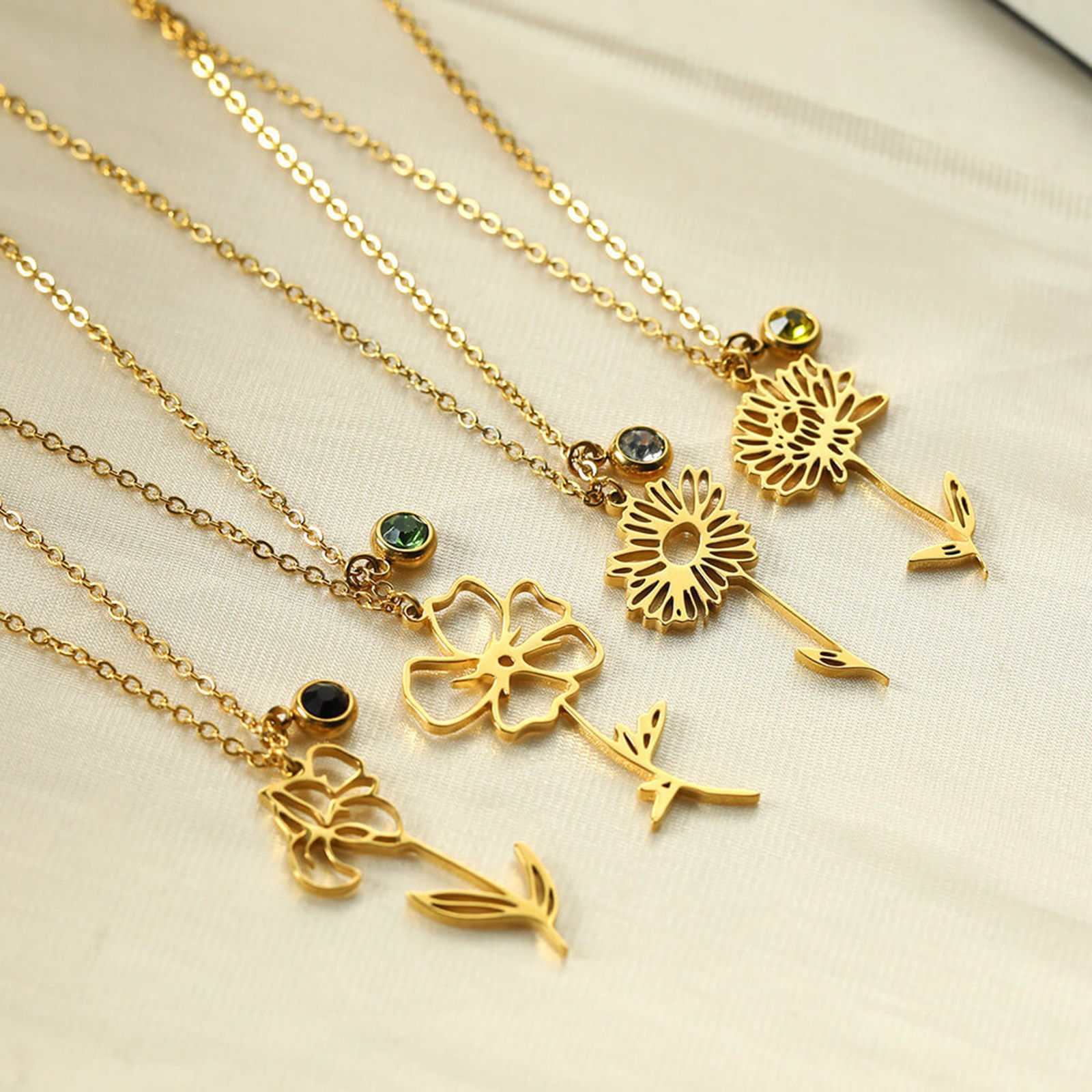 Picture of 304 Stainless Steel Birth Month Flower Rolo Chain Necklace 18K Gold Plated Hollow 38cm(15") long