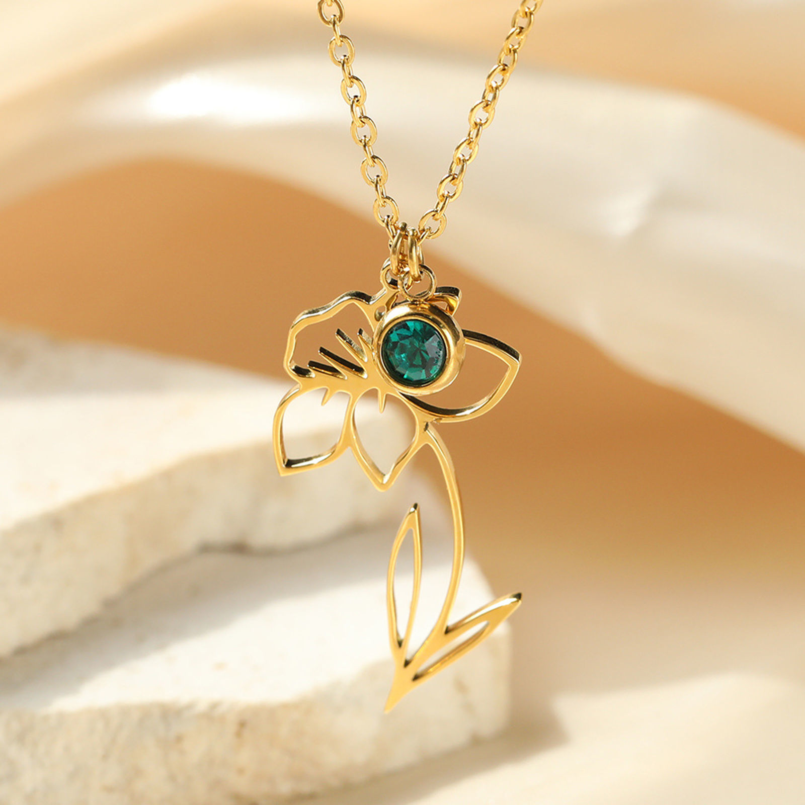 Picture of 304 Stainless Steel Birth Month Flower Rolo Chain Necklace 18K Gold Plated Hollow 38cm(15") long