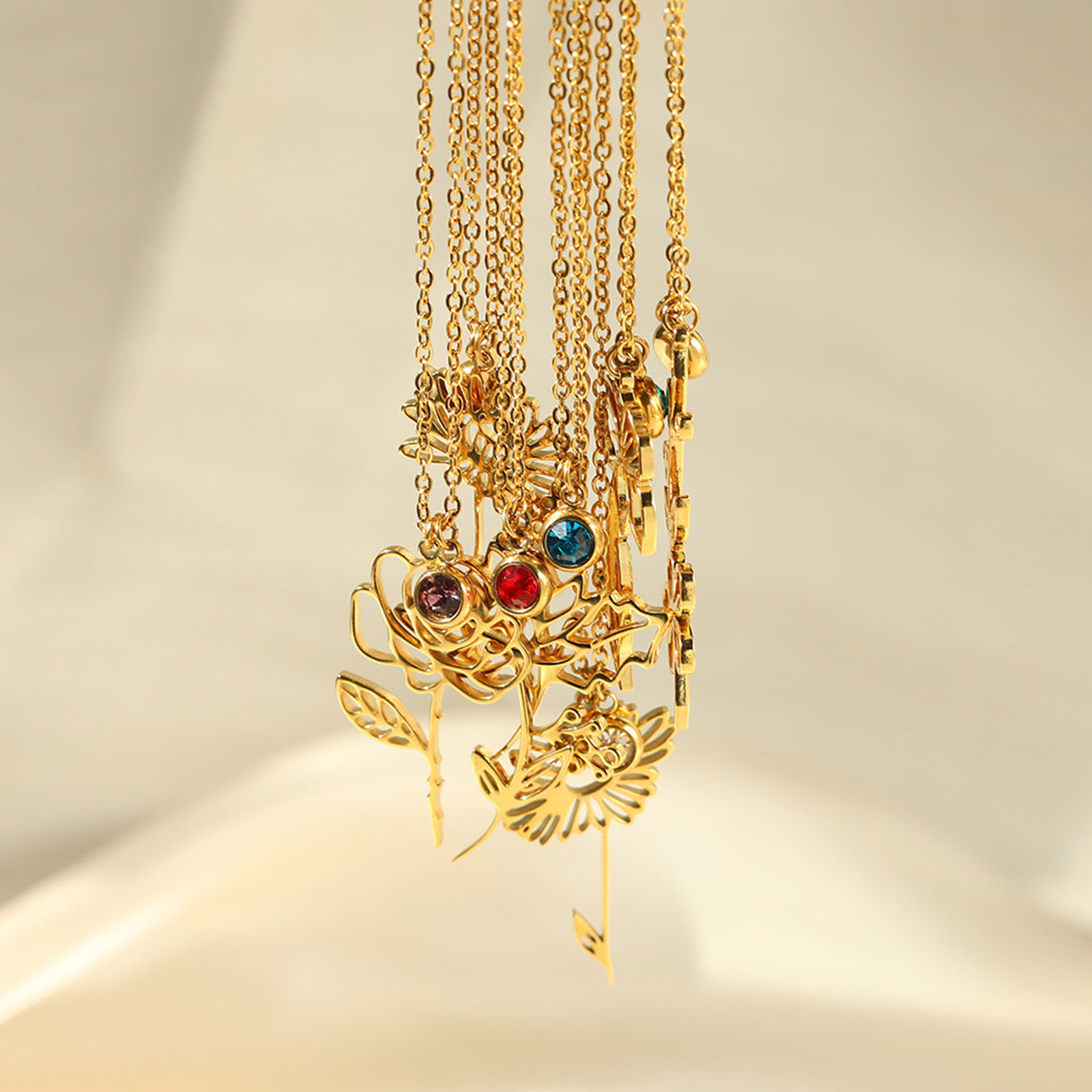 Picture of 304 Stainless Steel Birth Month Flower Rolo Chain Necklace 18K Gold Plated Hollow 38cm(15") long