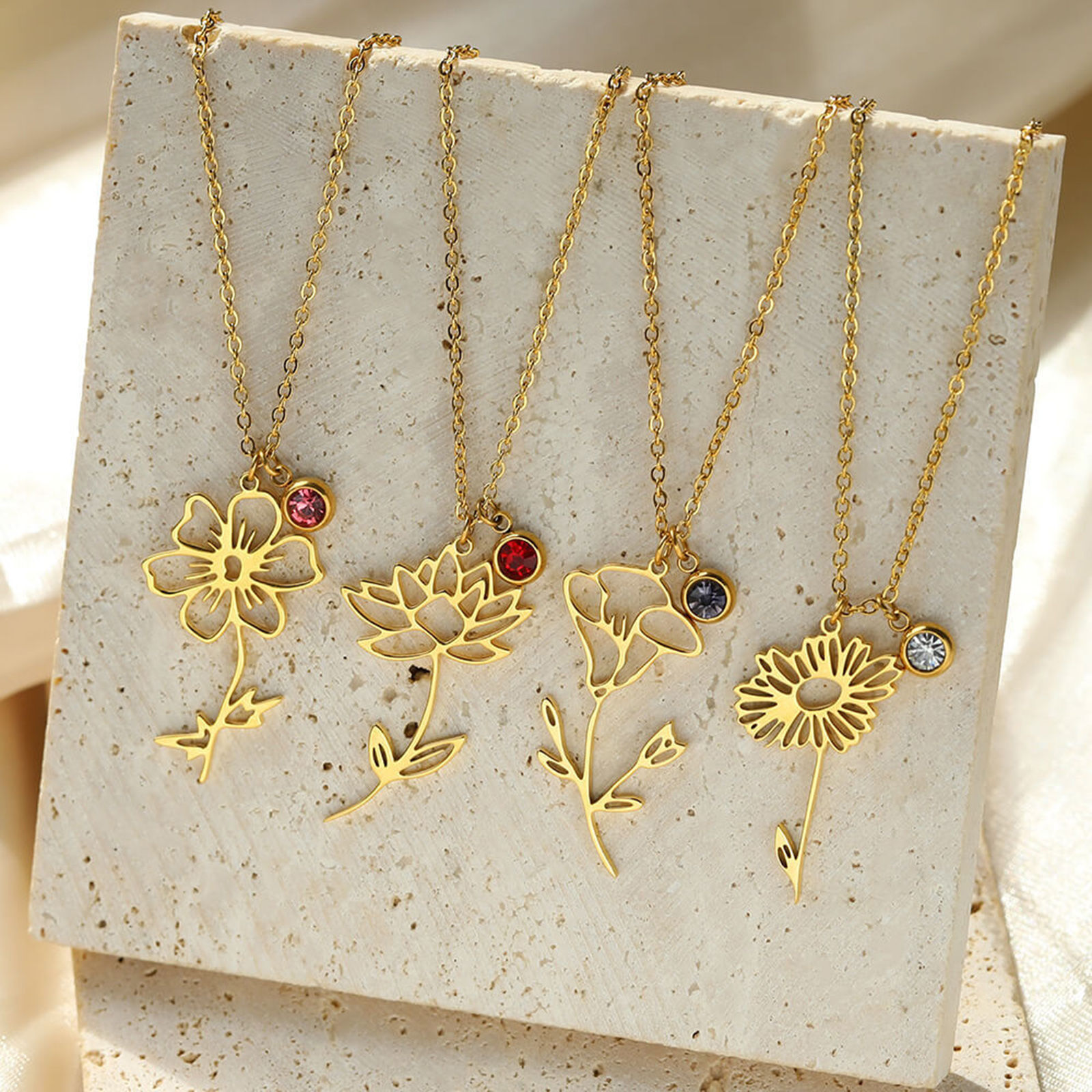 Picture of 304 Stainless Steel Birth Month Flower Rolo Chain Necklace 18K Gold Plated Hollow 38cm(15") long