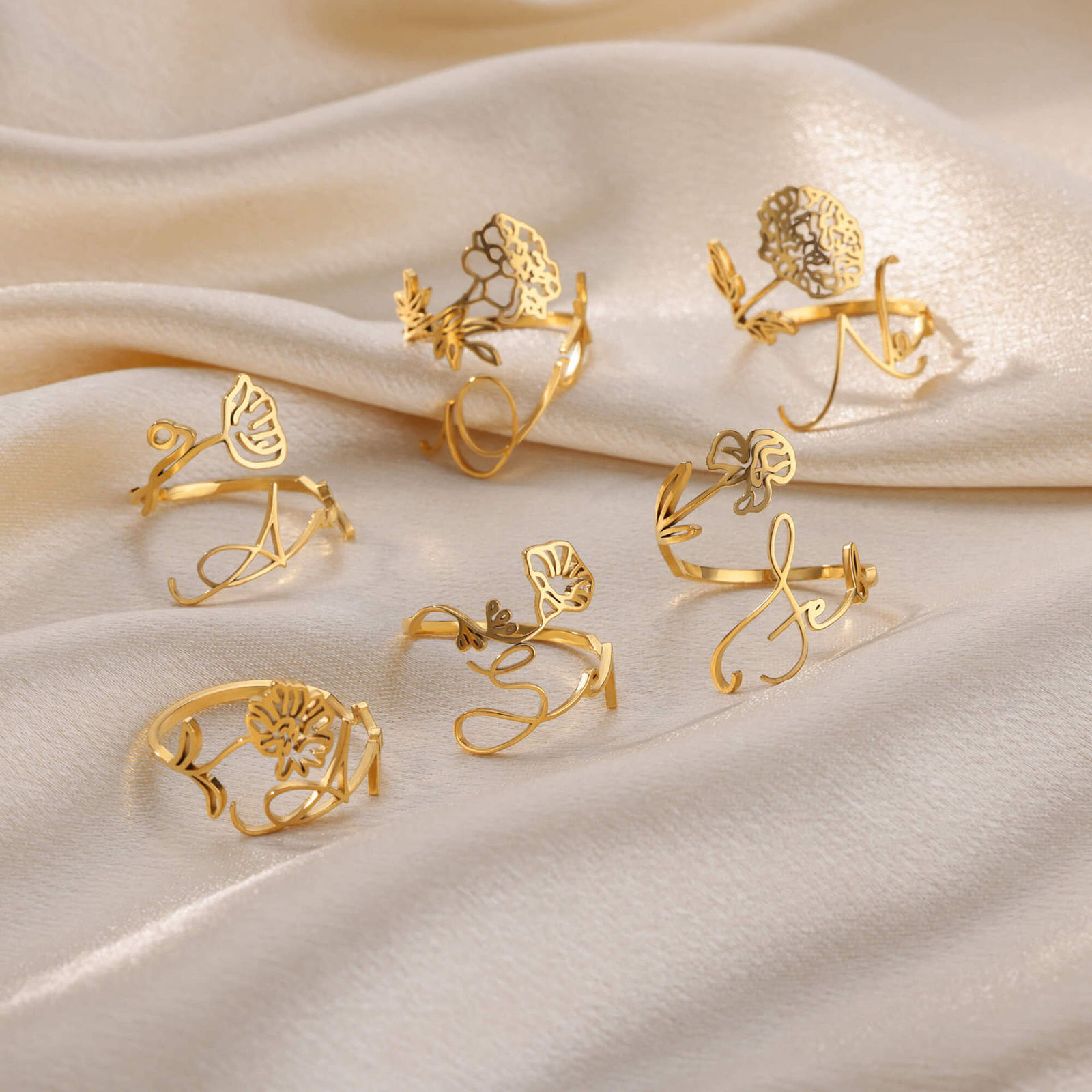 Picture of 304 Stainless Steel Birth Month Flower Open Adjustable Rings 18K Gold Plated Hollow