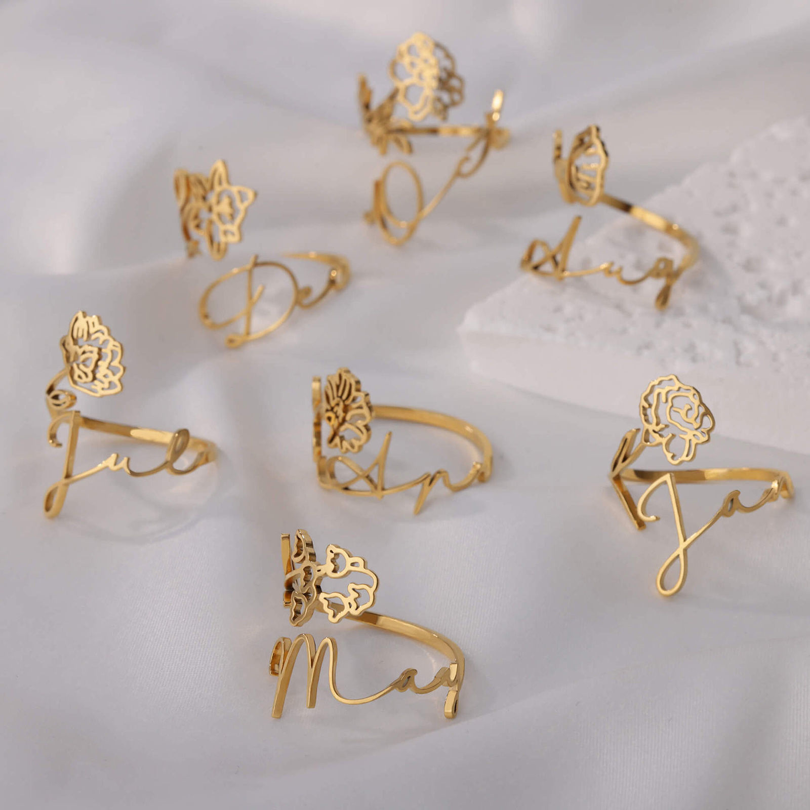 Picture of 304 Stainless Steel Birth Month Flower Open Adjustable Rings 18K Gold Plated Hollow