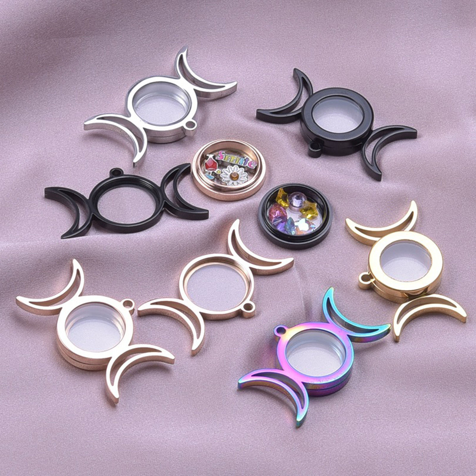 Picture of Eco-friendly 304 Stainless Steel & Glass Floating Living Memory Locket Pendants Multicolor Half Moon Sunflower