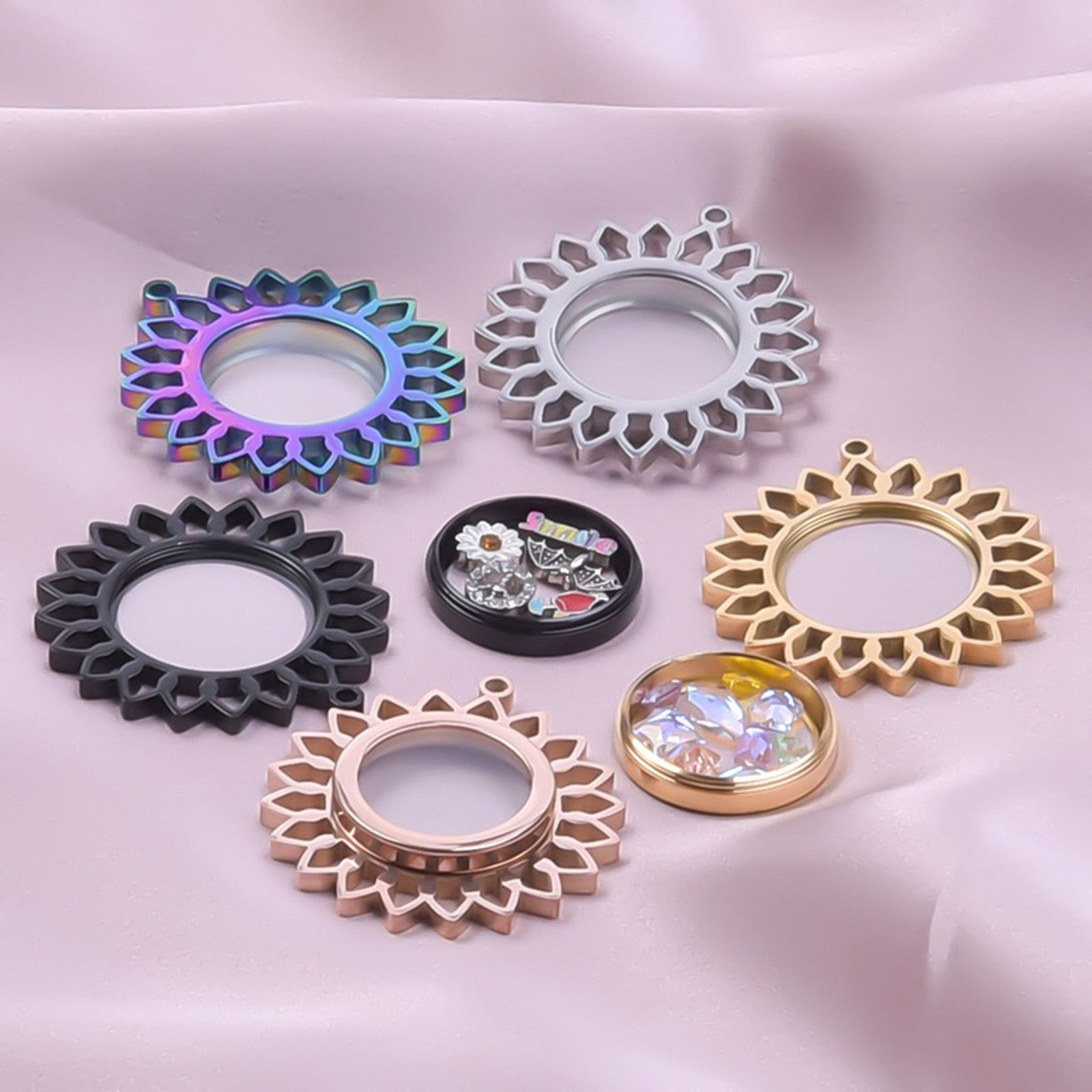 Picture of Eco-friendly 304 Stainless Steel & Glass Floating Living Memory Locket Pendants Multicolor Half Moon Sunflower