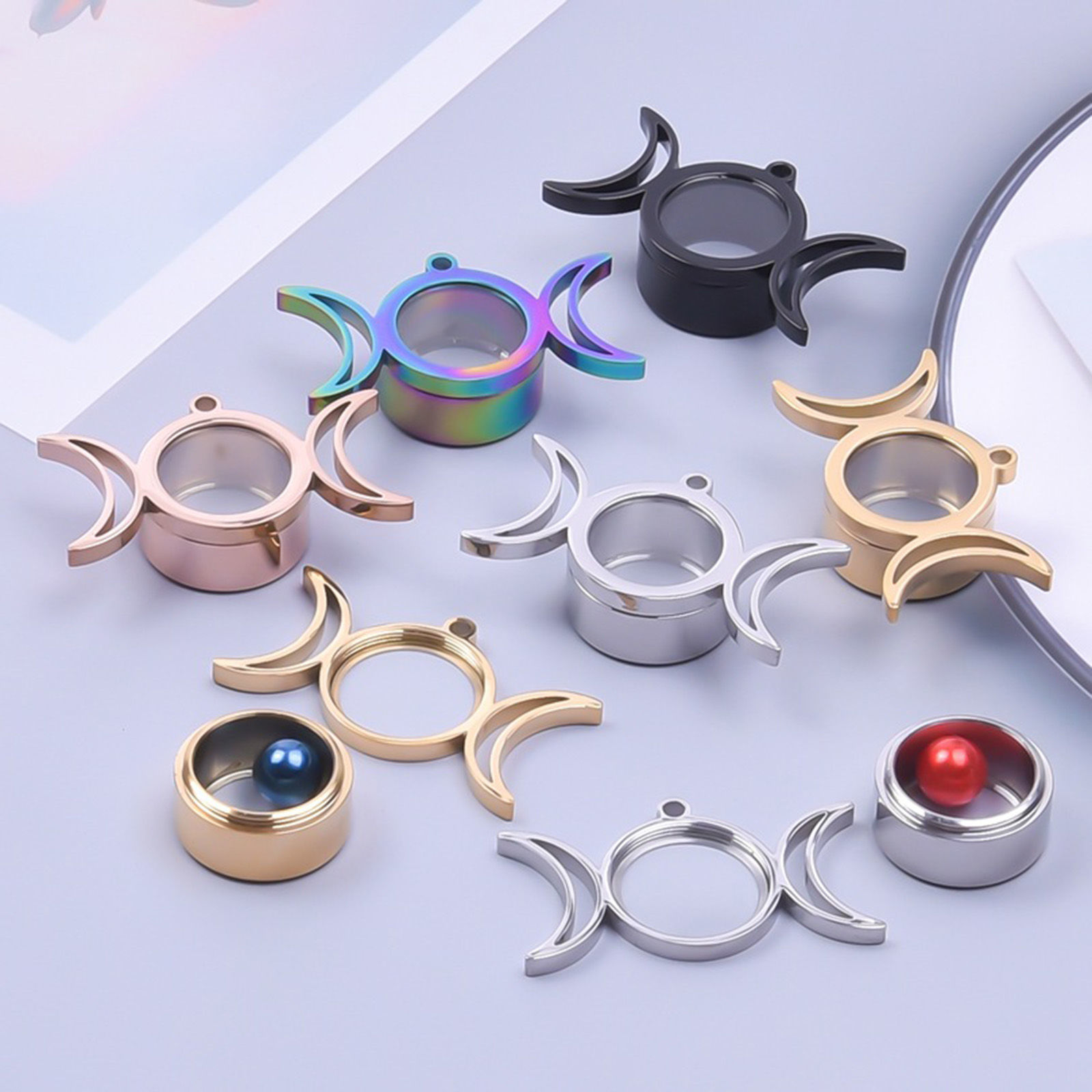 Picture of Eco-friendly 304 Stainless Steel & Glass Floating Living Memory Locket Pendants Multicolor Half Moon Sunflower