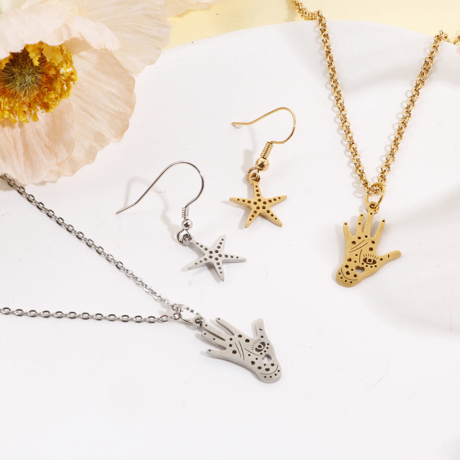 Immagine di 201 Acciaio Inossidabile Charms Cactus Multicolore Mano Simbolo di Hamsa Filigrana 3 Pz