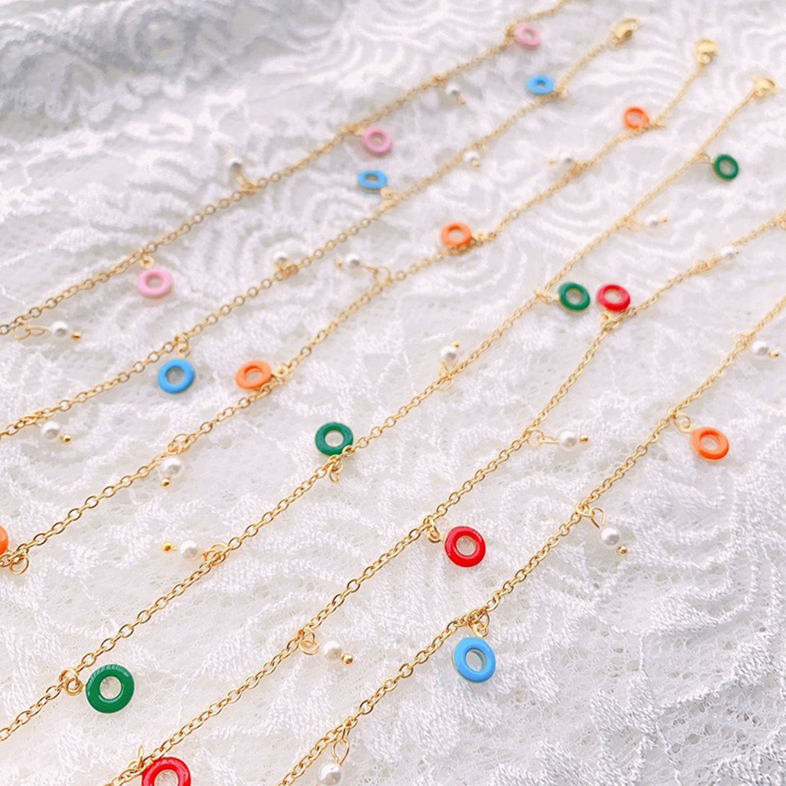 Изображение 304 Нержавеющая Сталь Позолоченные цепочки Ножные Браслеты 18K Позолоченный С Эмалью Пончик 22см длина, 1 ШТ