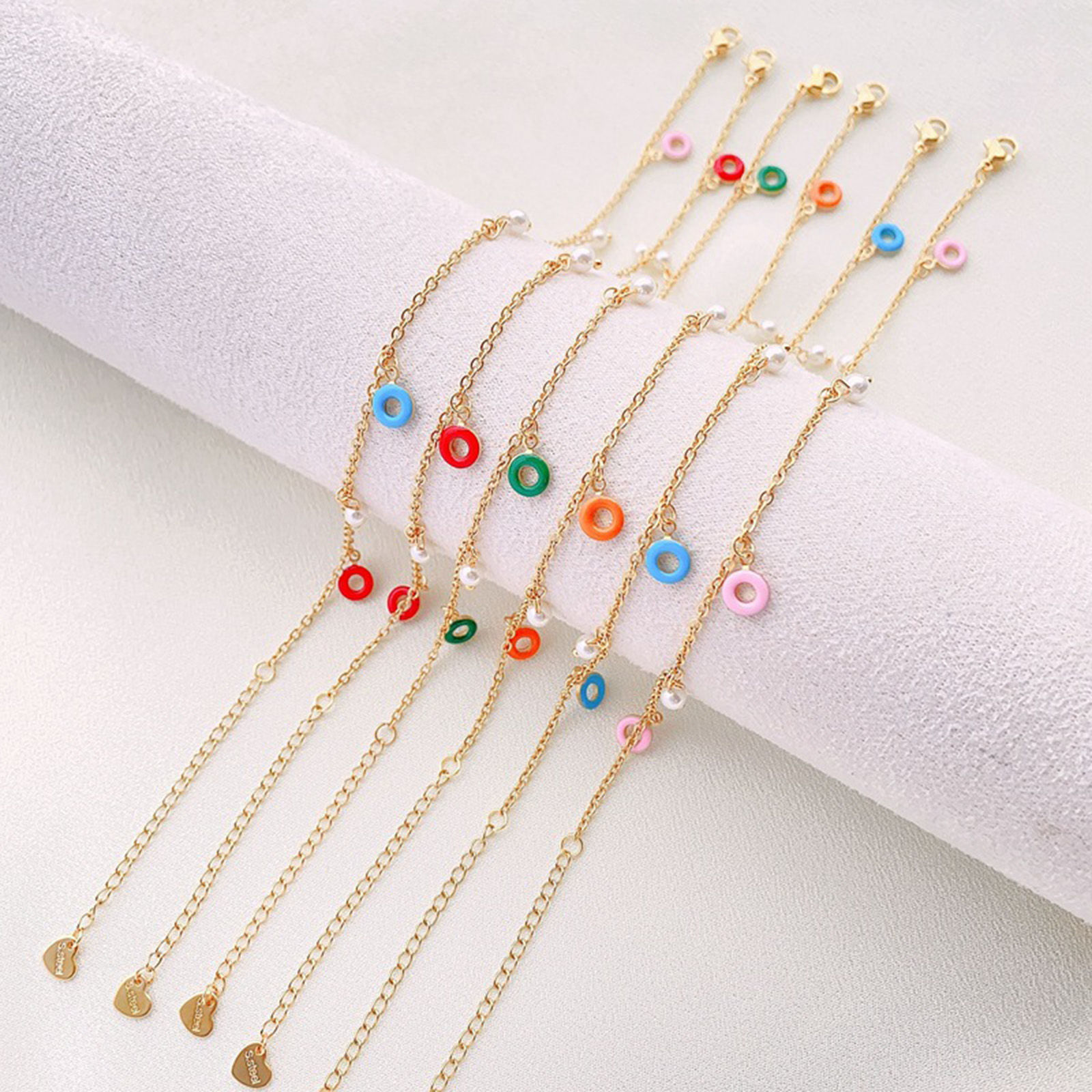 Изображение 304 Нержавеющая Сталь Позолоченные цепочки Ножные Браслеты 18K Позолоченный С Эмалью Пончик 22см длина, 1 ШТ