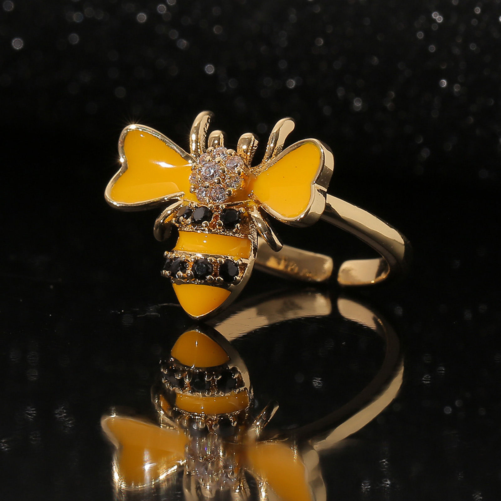 Bild von Umweltfreundlich Stilvoll Insekt 18K Echtgold plattiert Bunt Kupfer & Kubisch Zirkonia Offen Biene Emaille Ring Für Frauen Party 1 Stück