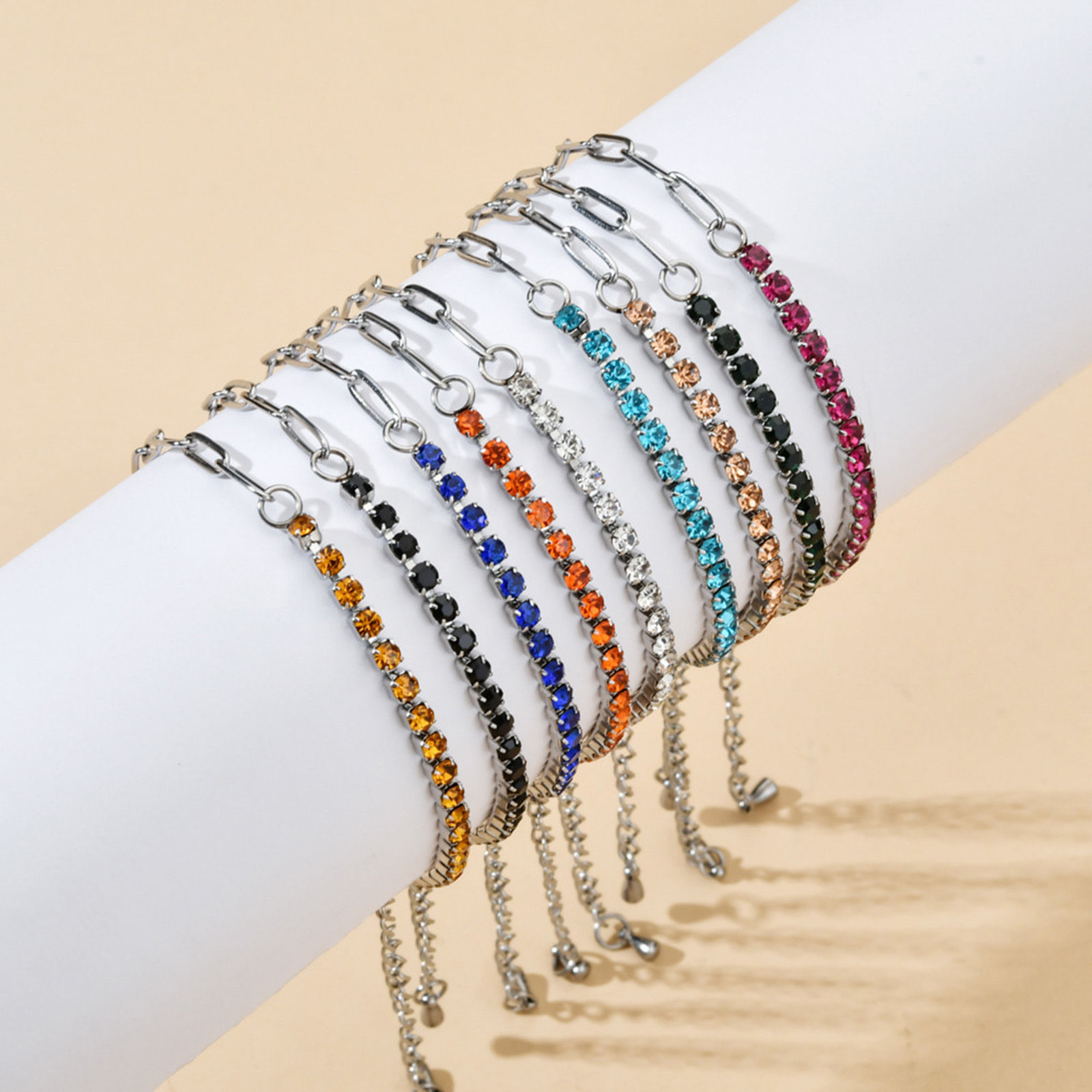 Picture of 304 Stainless Steel Splicing Paperclip Chain Bracelets Silver Tone Multicolor Rhinestone 17cm(6 6/8") long