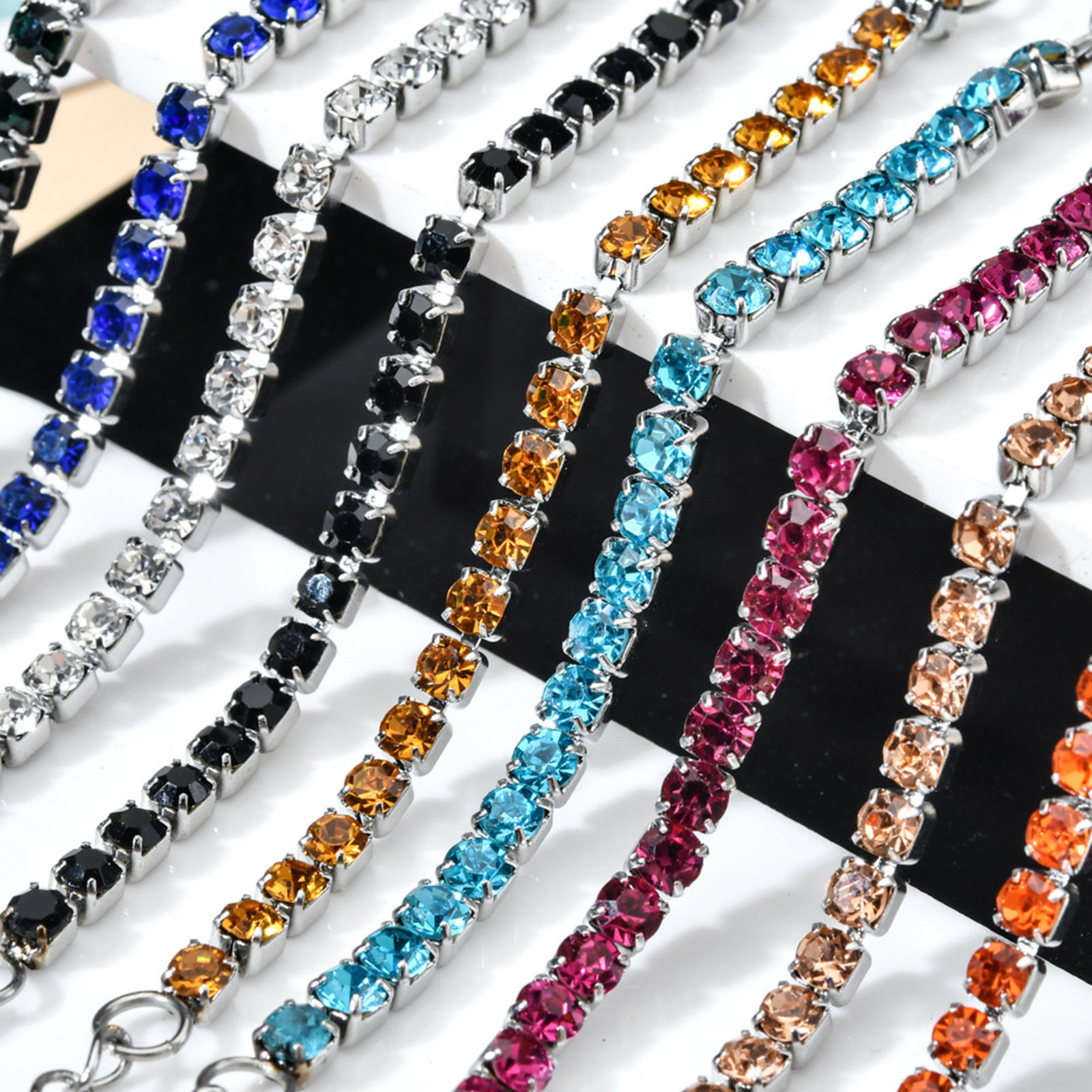 Picture of 304 Stainless Steel Splicing Paperclip Chain Bracelets Silver Tone Multicolor Rhinestone 17cm(6 6/8") long
