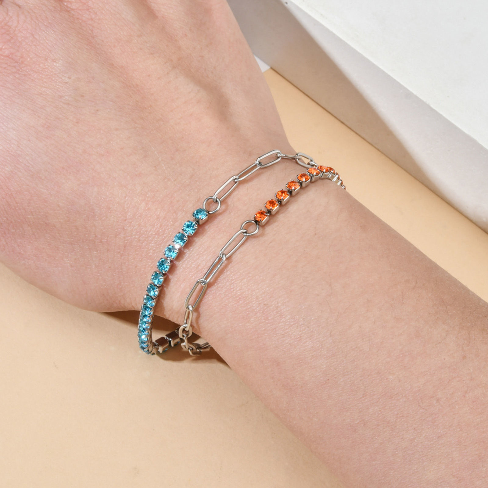 Picture of 304 Stainless Steel Splicing Paperclip Chain Bracelets Silver Tone Multicolor Rhinestone 17cm(6 6/8") long