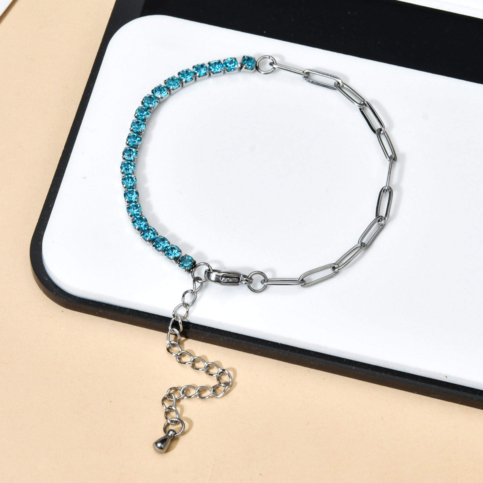 Picture of 304 Stainless Steel Splicing Paperclip Chain Bracelets Silver Tone Multicolor Rhinestone 17cm(6 6/8") long