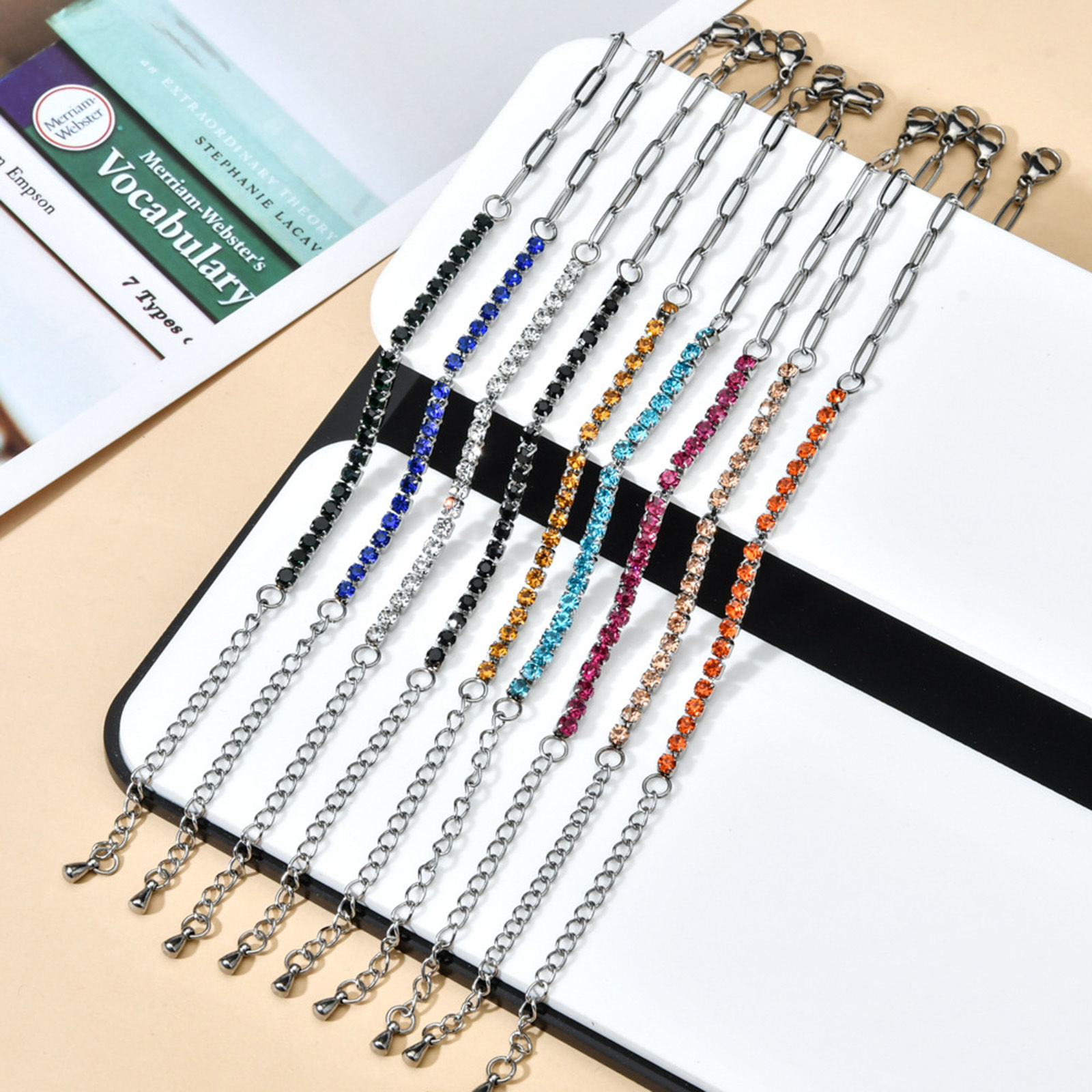Picture of 304 Stainless Steel Splicing Paperclip Chain Bracelets Silver Tone Multicolor Rhinestone 17cm(6 6/8") long