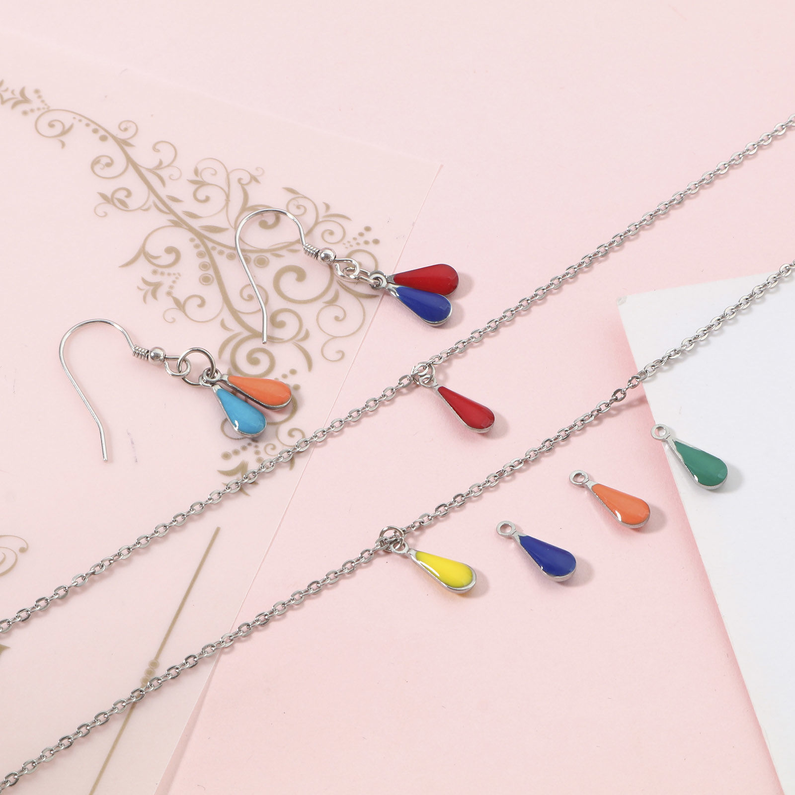 Picture of 304 Stainless Steel Charms Silver Tone Multicolor Drop Double-sided Enamelled Sequins 12mm x 5mm