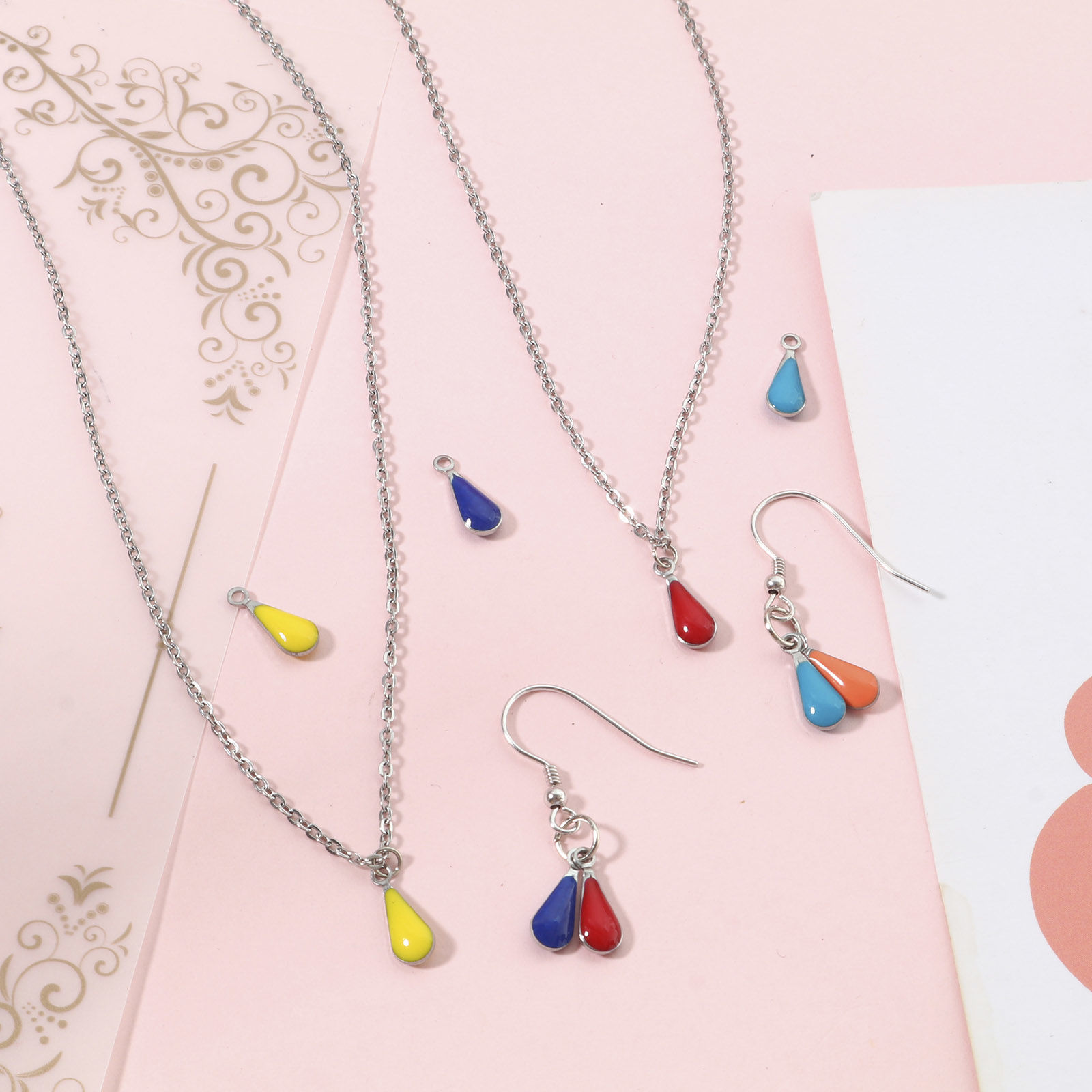 Picture of 304 Stainless Steel Charms Silver Tone Multicolor Drop Double-sided Enamelled Sequins 12mm x 5mm
