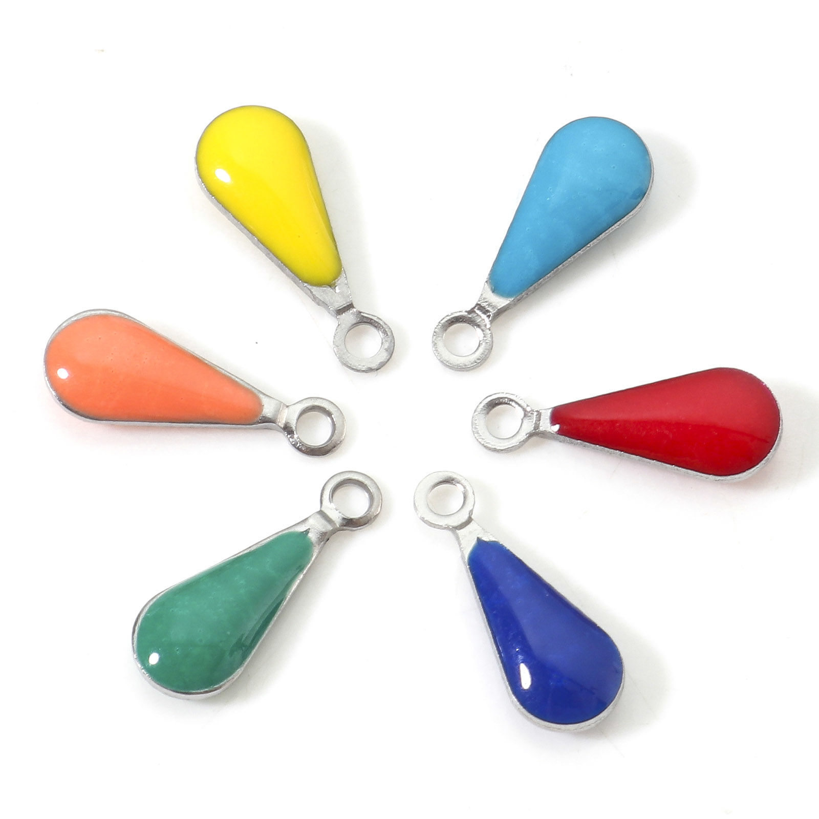 Picture of 304 Stainless Steel Charms Silver Tone Multicolor Drop Double-sided Enamelled Sequins 12mm x 5mm